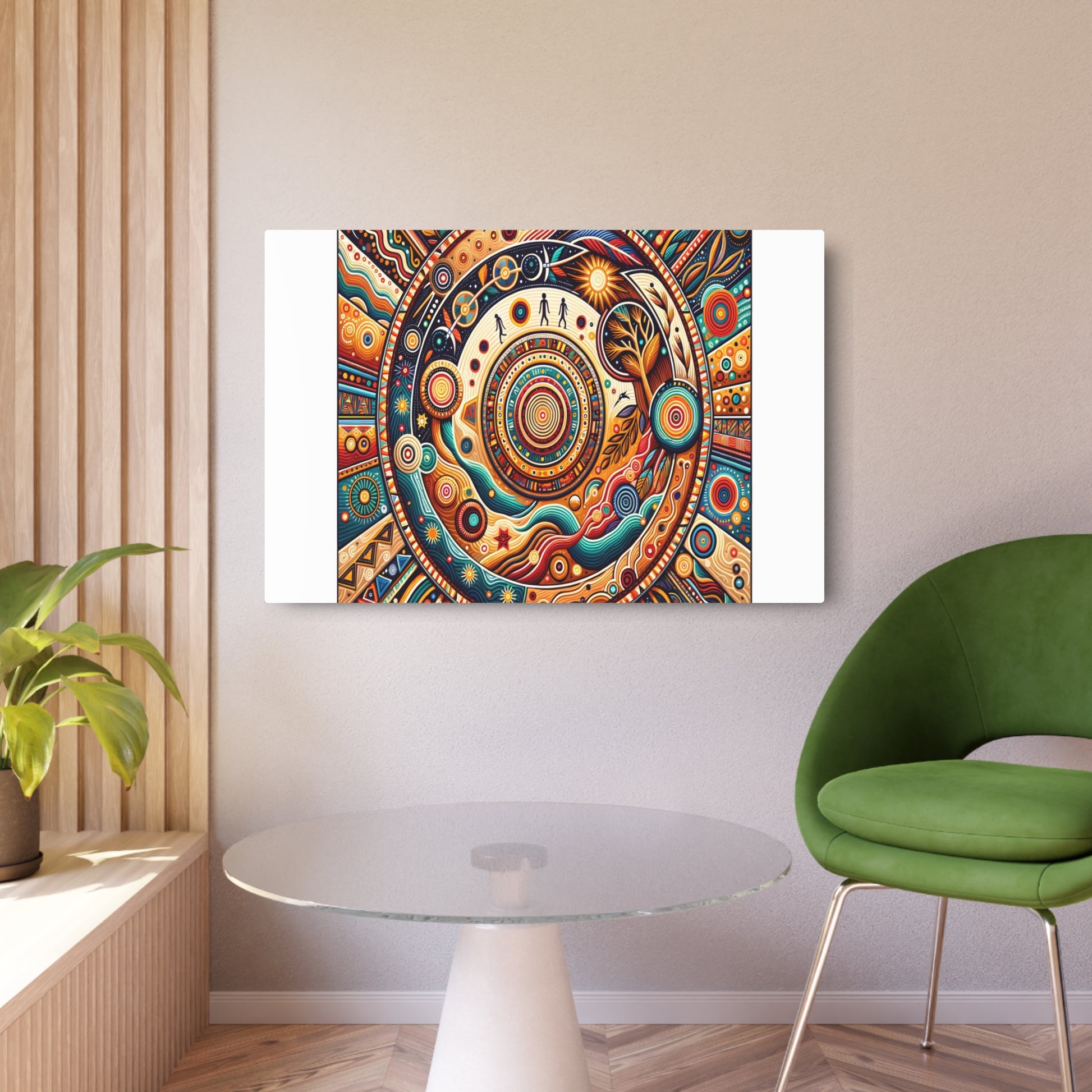 Metal Poster Art | "Vivid Aboriginal Artwork from Australia - Traditional Geometric Shapes and Patterns representing Dreamtime Stories - Non-Western Global Styles, Australian Aboriginal Art" - Metal Poster Art 36″ x 24″ (Horizontal) 0.12''