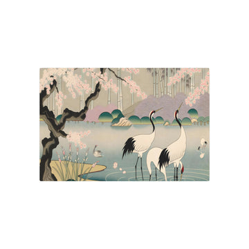 Metal Poster Art | "Kano School Inspired Traditional Japanese Painting - Graceful Cranes and Cherry Blossom Trees Artwork in Asian Art Styles Category"