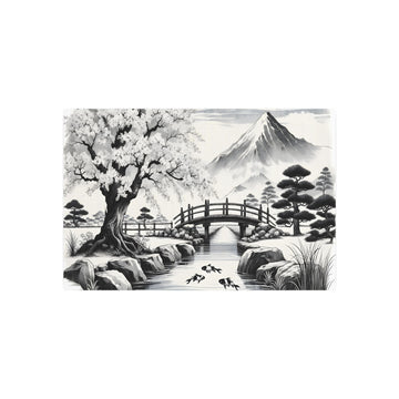 Metal Poster Art | "Japanese Sumi-e Art - Tranquil Cherry Blossom Scene with Koi Fish, Wooden Bridge, & Mountain Range - Asian Ink Wash Painting"