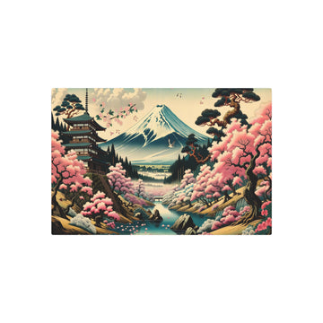 Metal Poster Art | "Ukiyo-e Japanese Art - Mount Fuji Landscape with Sakura Trees & Traditional House Print"