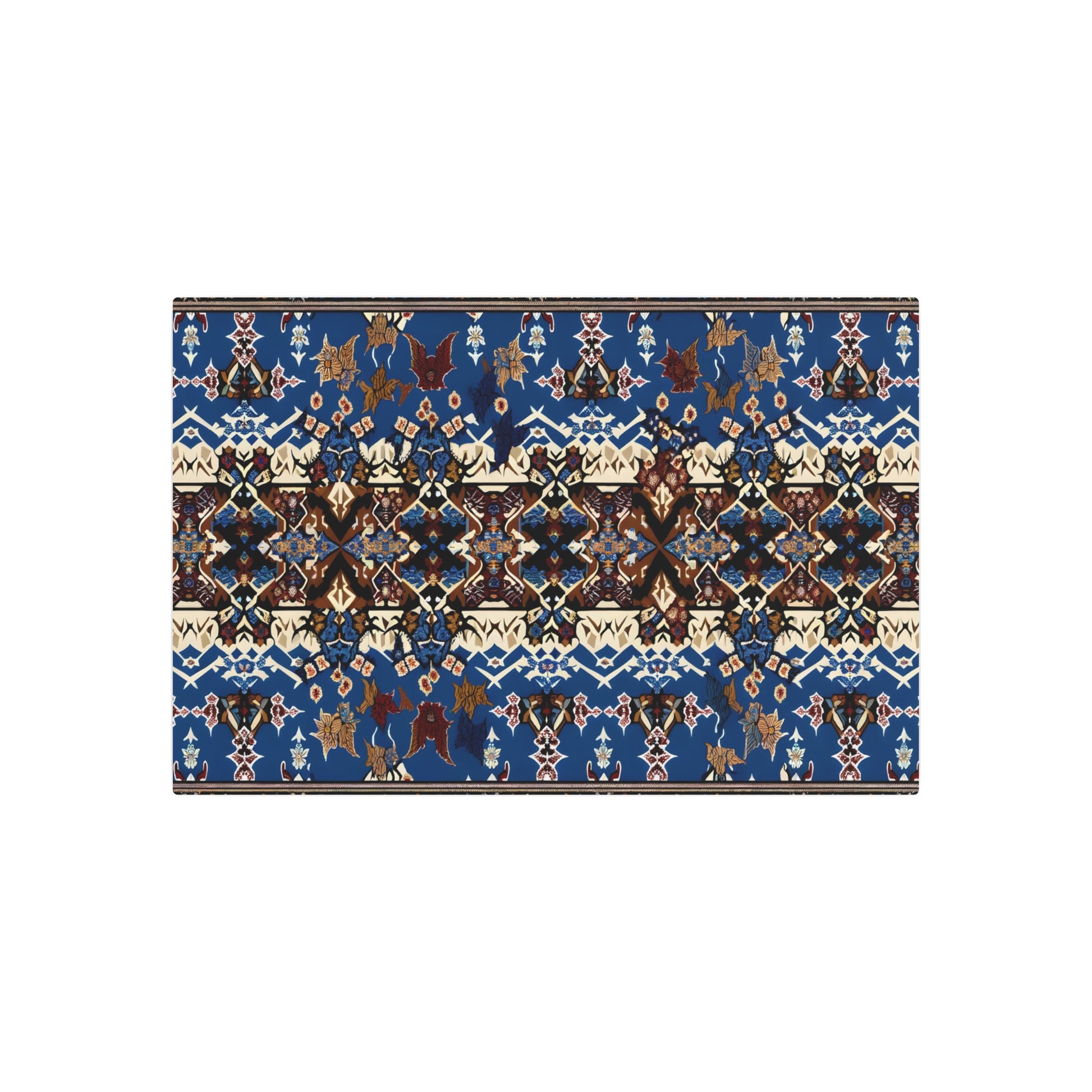 Metal Poster Art | "Traditional Indonesian Batik Art - Geometric & Floral Patterns in Deep Blue and Earthy Brown with Red & Yellow Accents - Non-Western Global - Metal Poster Art 36″ x 24″ (Horizontal) 0.12''