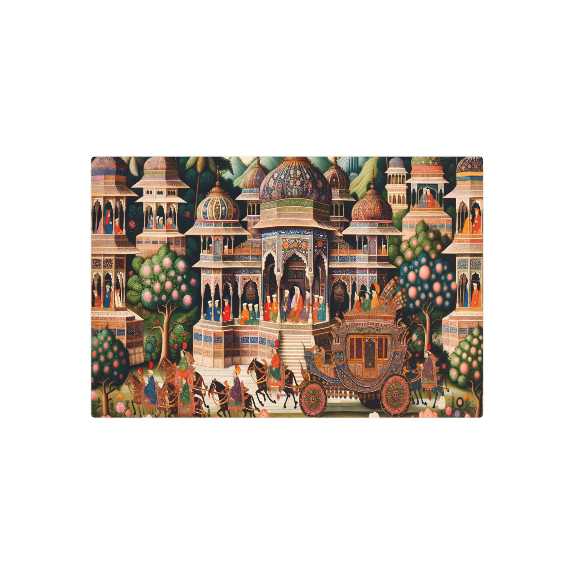 "Exquisite Mughal Miniature Painting - South Asian Art Showcasing Rich Architecture, Gardens & Costumes" - Metal Poster Art 30″ x 20″ (Horizontal) 0.12''