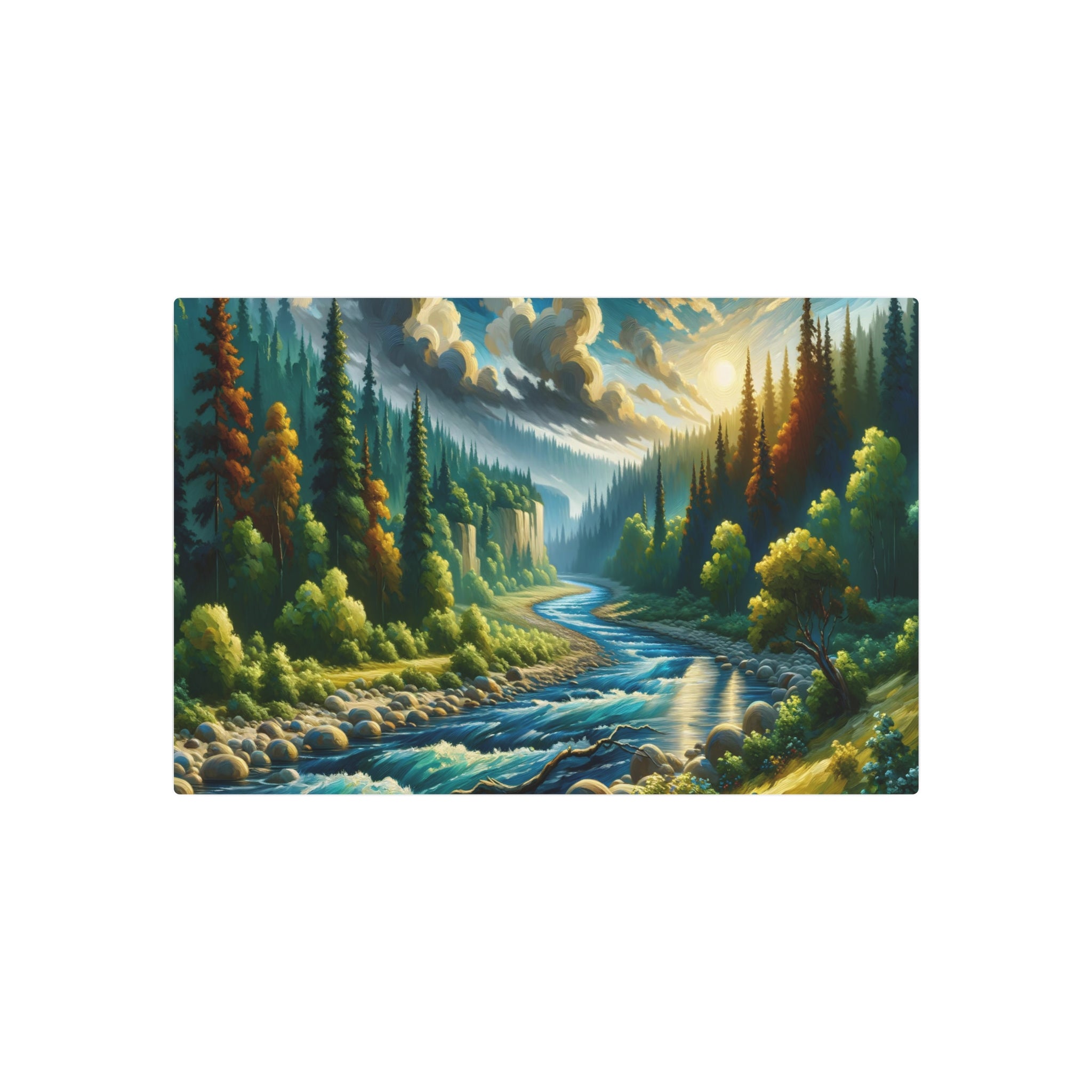 Metal Poster Art | "Vivid Post-Impressionism Art - Bold Colored Forest Landscape with River Flow"