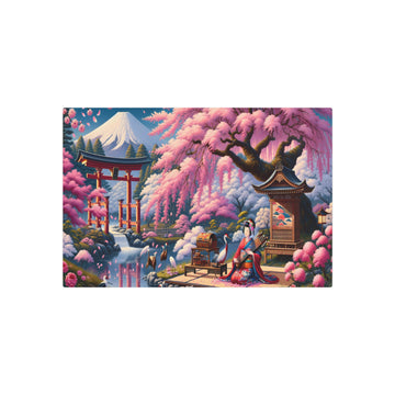 Metal Poster Art | "Kano School Inspired Japanese Art: Tranquil Cherry Blossom Landscape with Geisha, Shrine, Red-Crowned Crane, and Mount Fuji - Vibr