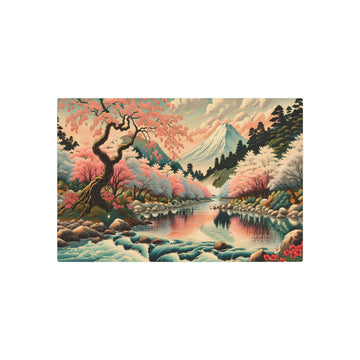 Metal Poster Art | "Ukiyo-e Style Japanese Art Print: Serene Landscape with Cherry Blossom Trees, Flowing River and Majestic Mountain Range - Richly