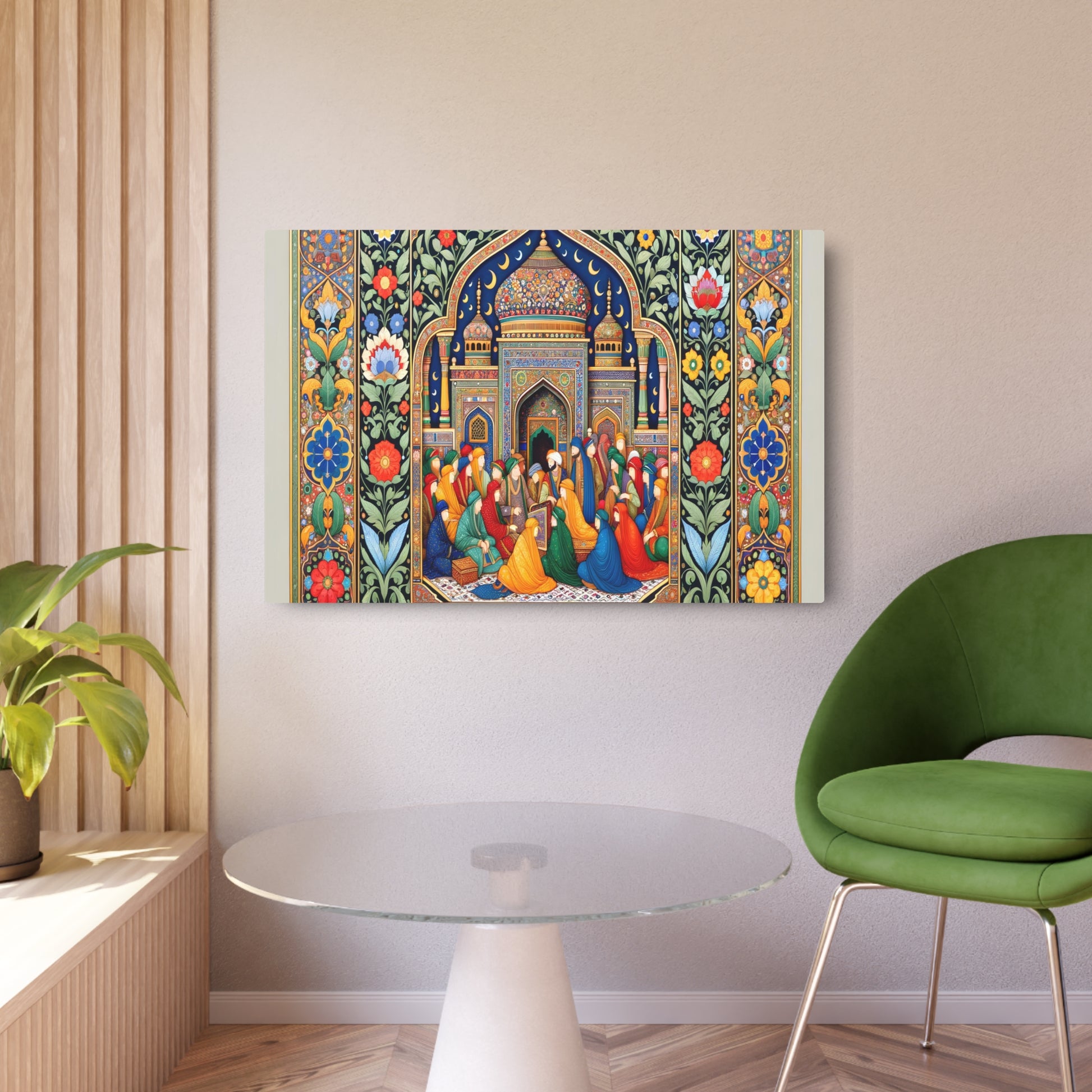 Metal Poster Art | "Mughal Miniature Art: Vibrant South Asian Masterpiece with Detailed Portraiture, Geometric Patterns & Intricate Floral Architecture - Non-West - Metal Poster Art 36″ x 24″ (Horizontal) 0.12''