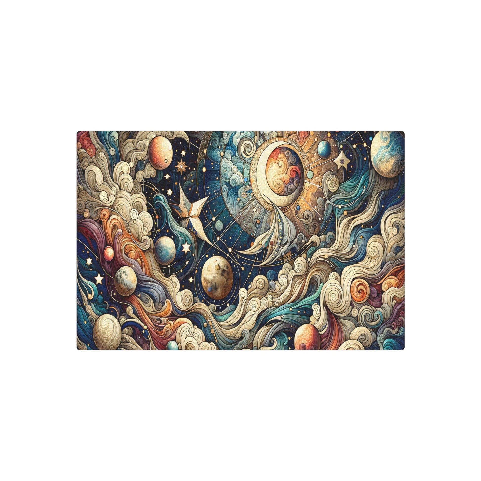 Metal Poster Art | "Art Nouveau Inspired Celestial Theme Artwork with Planets, Stars, Constellations and Moon - Intricate Organic Lines Western Art Style" - Metal Poster Art 30″ x 20″ (Horizontal) 0.12''