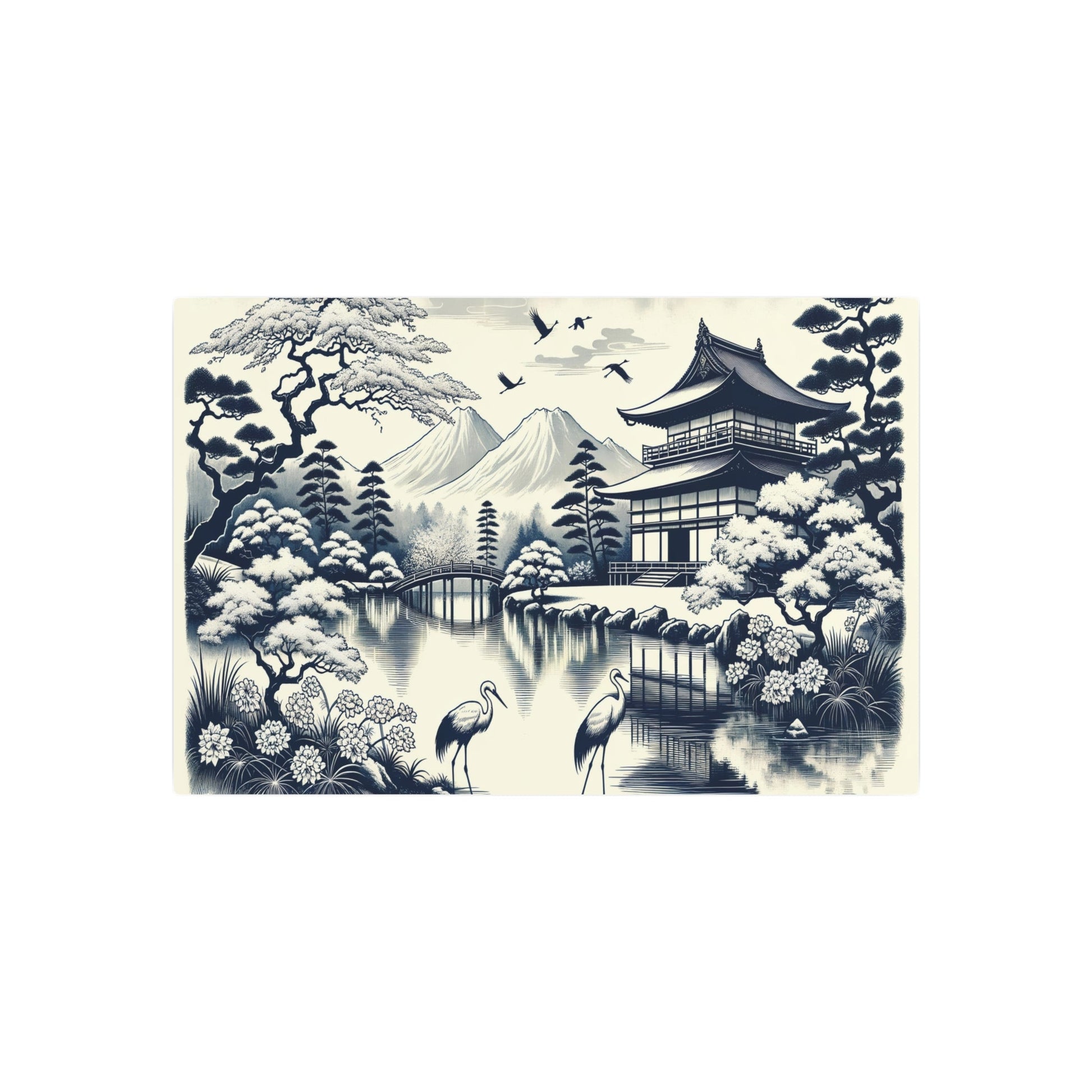 Metal Poster Art | "Kano School Inspired Asian Art: Serene Japanese Landscape with Cherry Blossom Trees, Tranquil Pond, and Elegant Cranes - Monochromatic - Metal Poster Art 30″ x 20″ (Horizontal) 0.12''