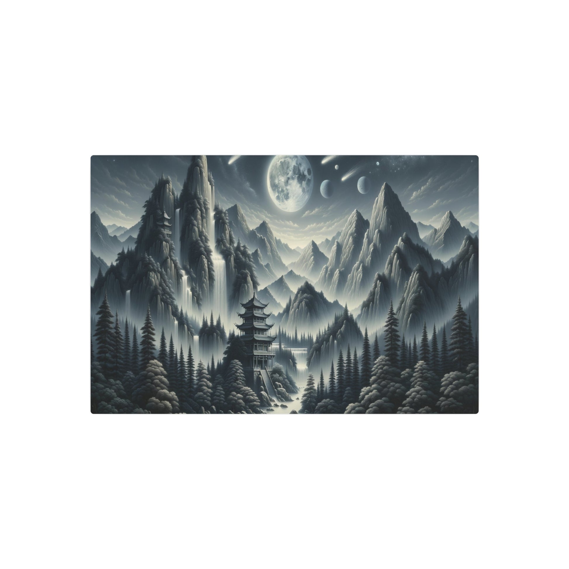 Metal Poster Art | "Traditional Chinese Landscape Painting with Vivid Celestial Bodies - Featuring High Mountains, Waterfalls, Pagodas, and Pine Trees in a Clear Night - Metal Poster Art 30″ x 20″ (Horizontal) 0.12''