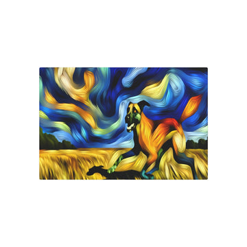 Metal Poster Art | "Expressionistic Western Art Style: Intense Colored Large Expressive Dog Running Through Field Under Swirling Blue and Yellow Skies" - Metal Poster Art 30″ x 20″ (Horizontal) 0.12''