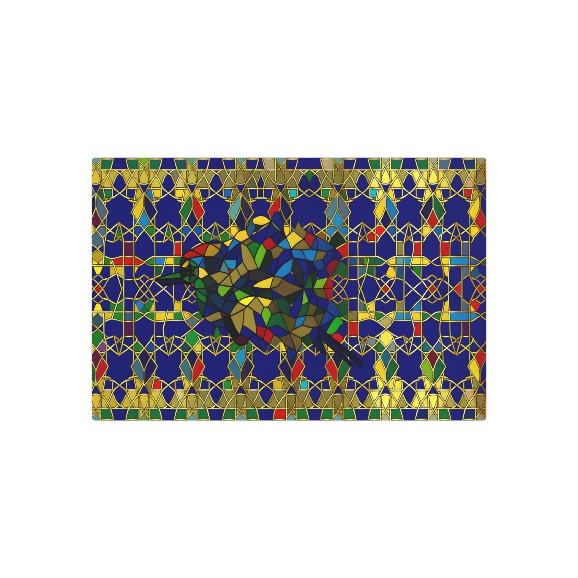 Metal Poster Art | "Islamic Art Inspired Bird Design - Vibrant Geometric Pattern in Luxurious Gold, Sapphire Blues, Emerald Greens & Ruby Reds - Non-Western - Metal Poster Art 30″ x 20″ (Horizontal) 0.12''