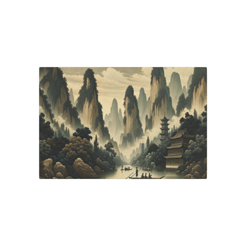 Metal Poster Art | "Traditional Chinese Landscape Artwork with Misty Mountains, Serene River, and Classical Pagodas in Subtle Tones - Asian Art Styles, - Metal Poster Art 30″ x 20″ (Horizontal) 0.12''