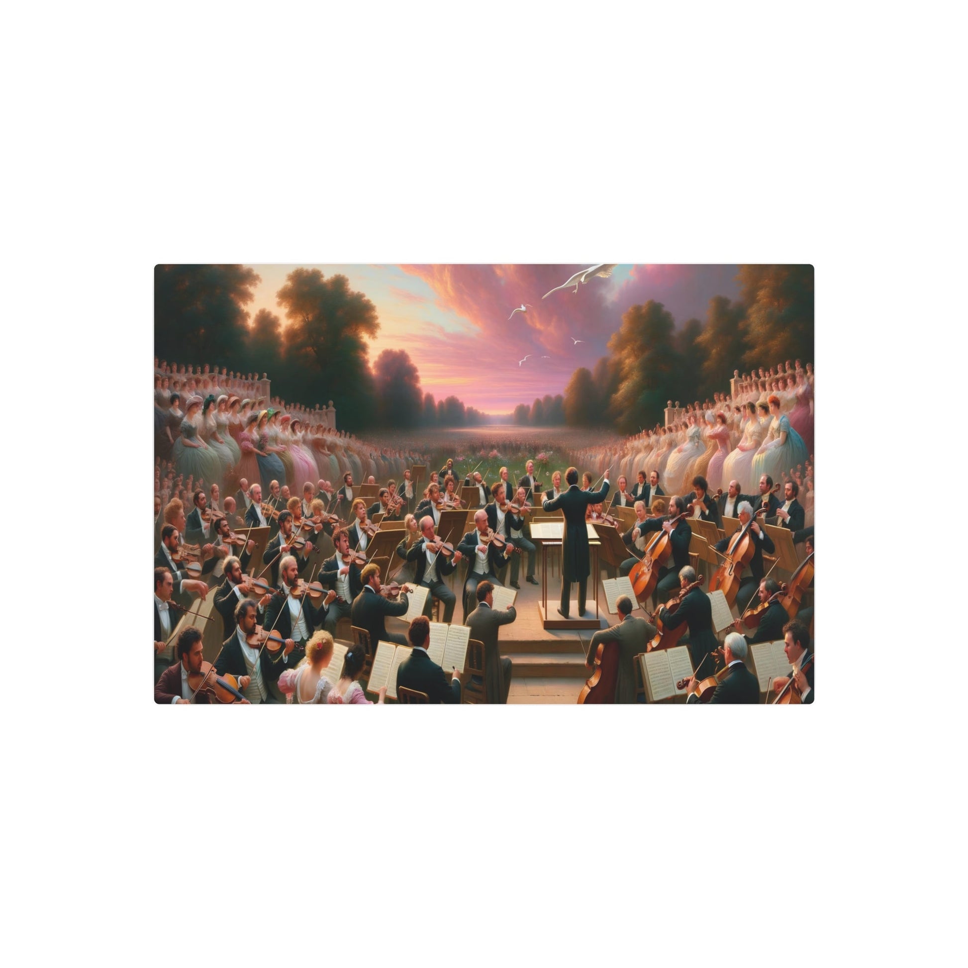 Metal Poster Art | "Romanticism Era Symphony Under Pastel - Pink Sunset - 19th Century Western Art Scene with Orchestra, Grand Piano & Famous Painters" - Metal Poster Art 30″ x 20″ (Horizontal) 0.12''