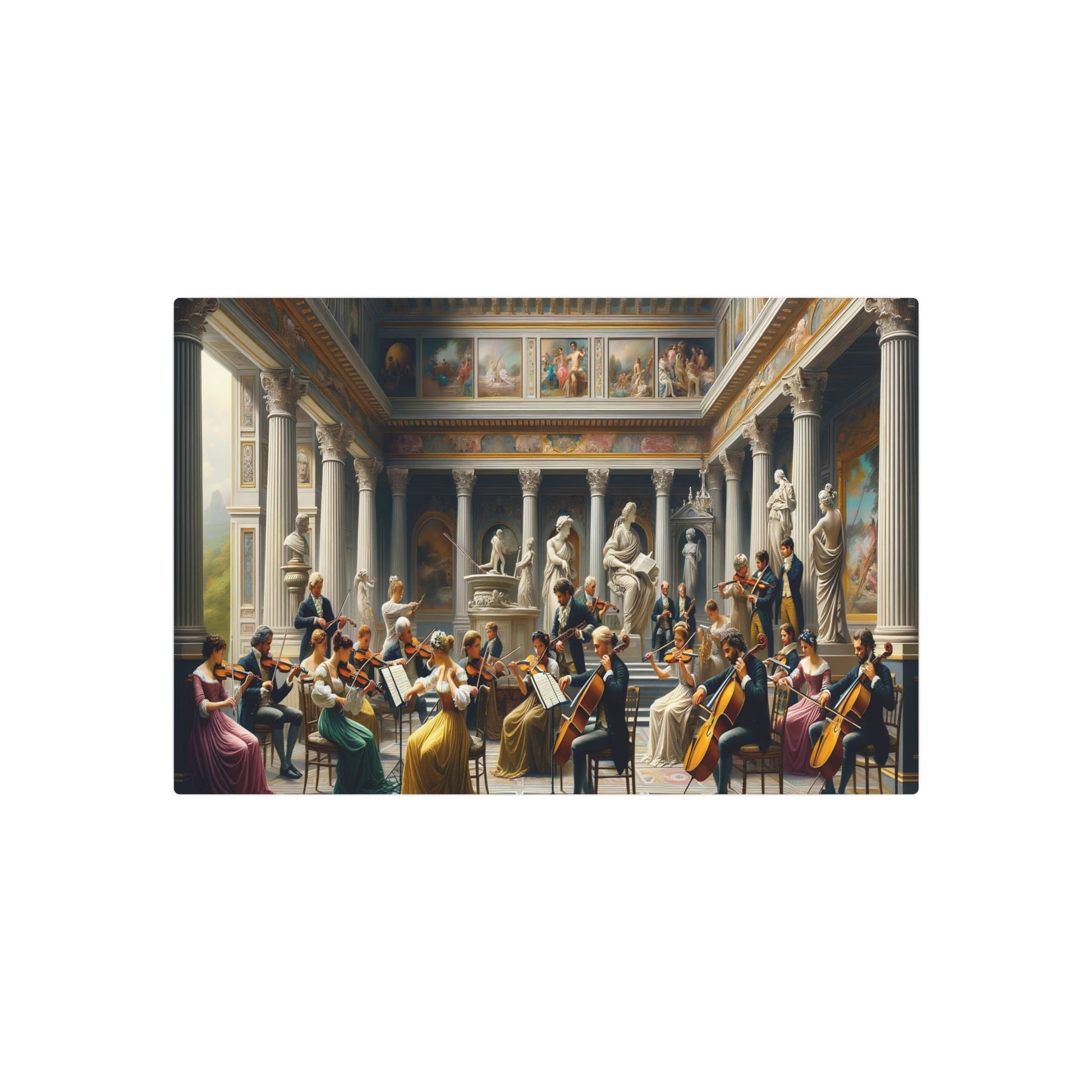 Metal Poster Art | "Neoclassical Art Print - Fusion of Music and Art Featuring Musicians, Violins, Cellos in Grand Grecian Rooms | Western - Metal Poster Art 30″ x 20″ (Horizontal) 0.12''