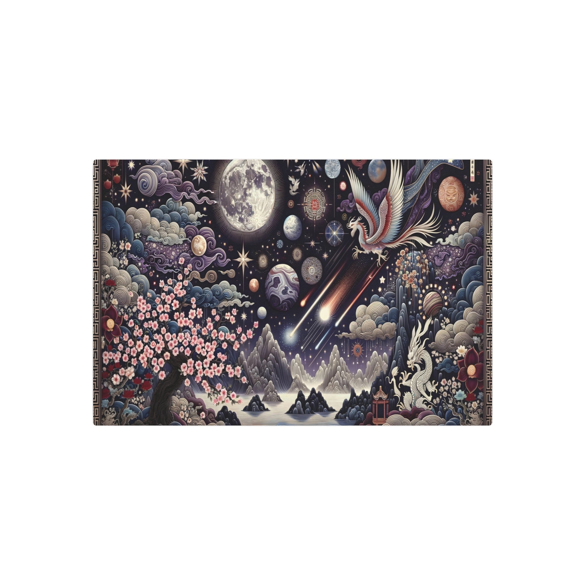 Metal Poster Art | "Chinese Silk Painting Art - Celestial Theme with Heavenly Bodies and Traditional Chinese Elements in Vibrant Colors, Part of the Asian Art Styles Collection" - Metal Poster Art 30″ x 20″ (Horizontal) 0.12''