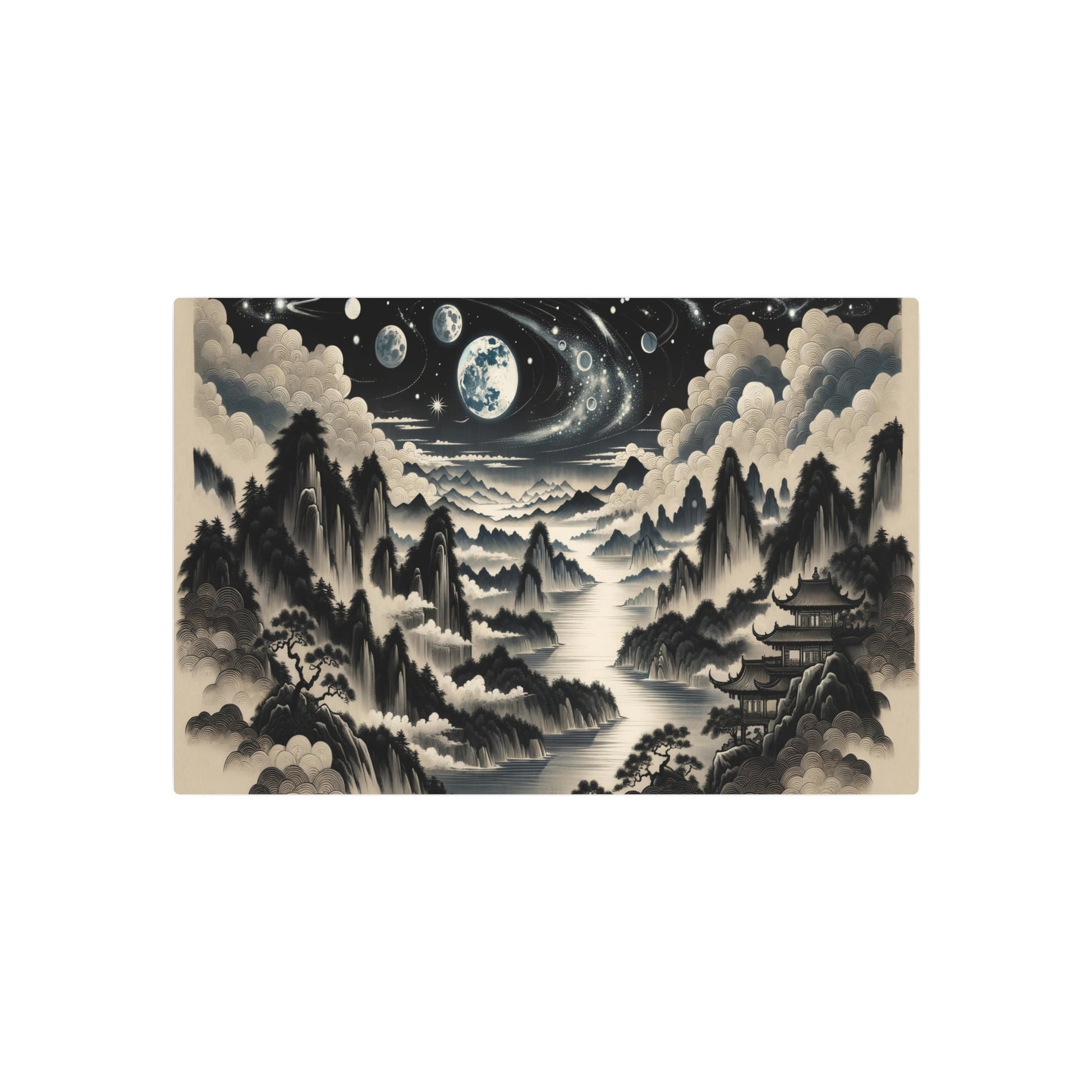 Metal Poster Art | "Traditional Chinese Brush Painting of Celestial Landscape in Asian Art Styles - Featuring Moon, Stars, & Planets" - Metal Poster Art 30″ x 20″ (Horizontal) 0.12''