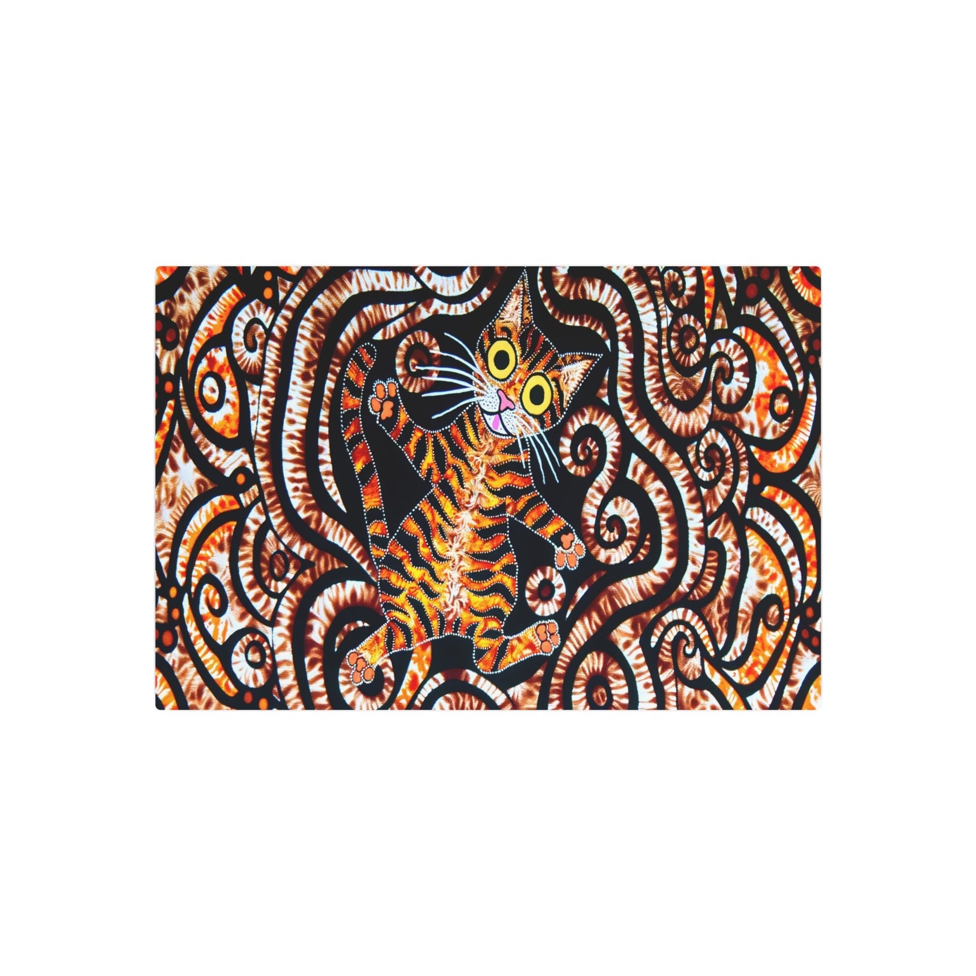 Metal Poster Art | "Indonesian Batik Artwork: Multifaceted Design with Playful Orange and Black Tabby Cat - Non-Western & Global Styles - Metal Poster Art 30″ x 20″ (Horizontal) 0.12''