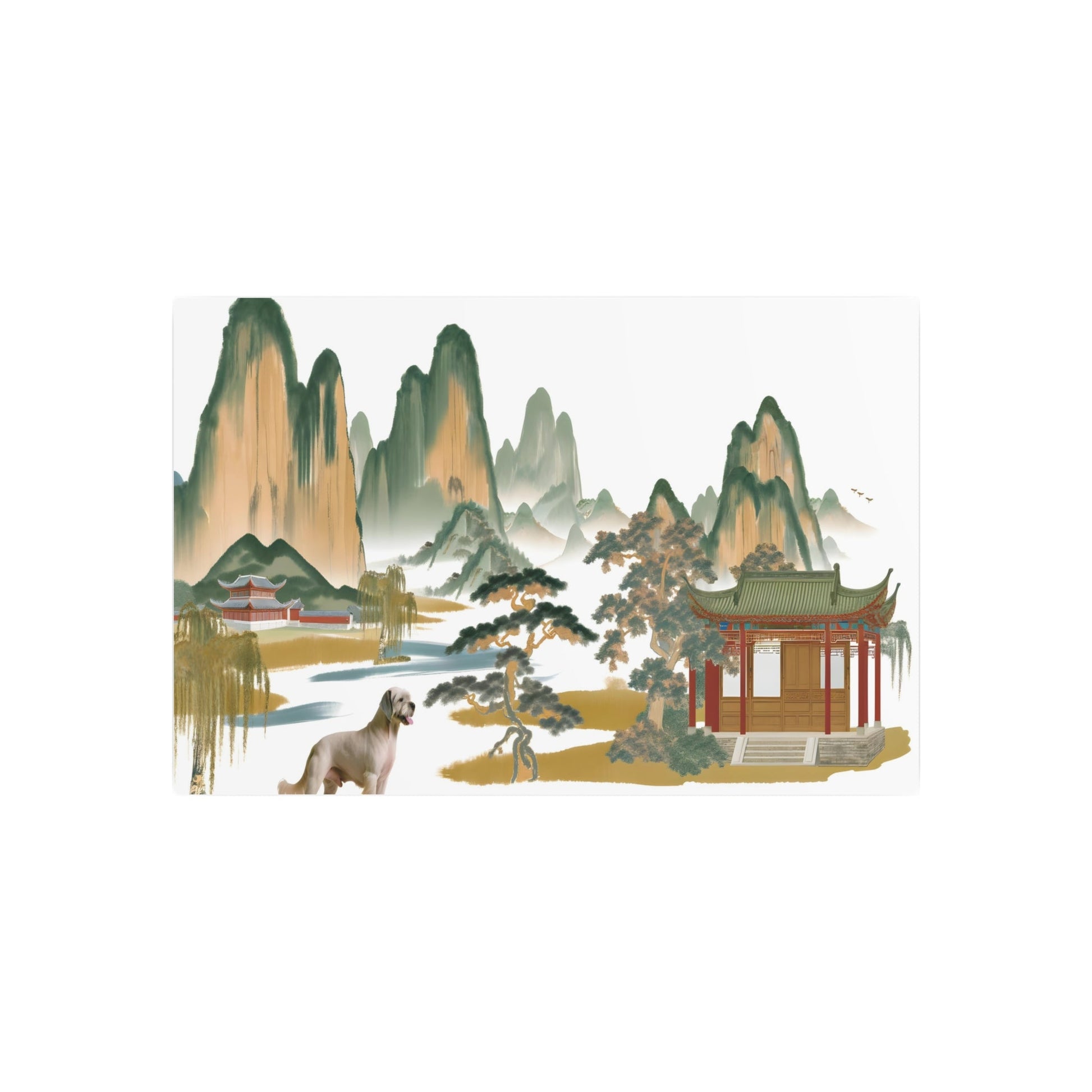 Metal Poster Art | "Traditional Chinese Landscape Painting with Dog, Asian Art Style - Mountain River Trees and Ancient Architecture Design" - Metal Poster Art 30″ x 20″ (Horizontal) 0.12''