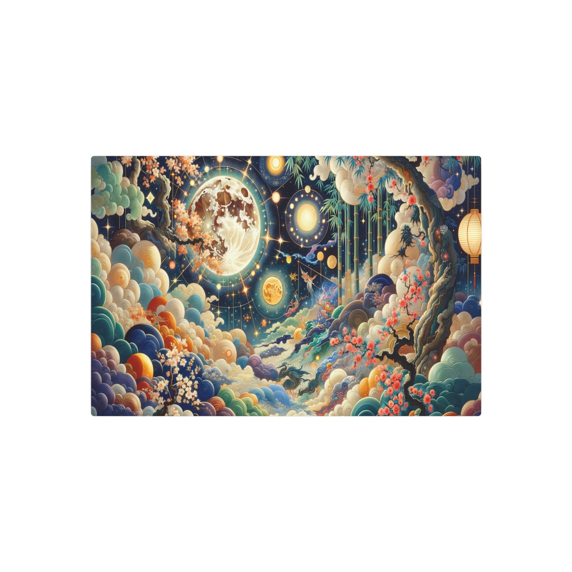 Metal Poster Art | "Vibrant Chinese Silk Painting of Celestial Bodies & Traditional Elements - Bright Moons, Stars, Constellations in Asian Art Styles Category" - Metal Poster Art 30″ x 20″ (Horizontal) 0.12''