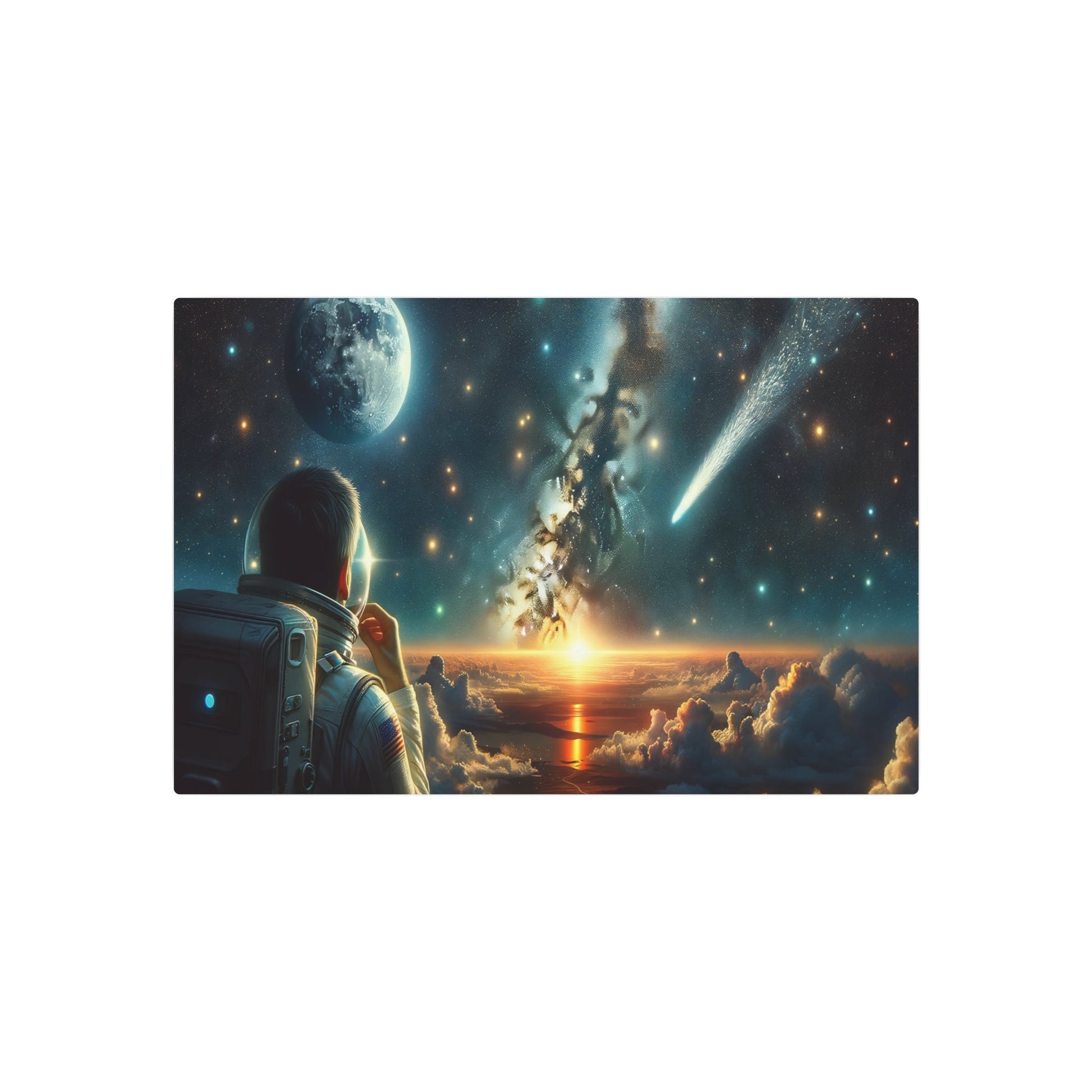 Metal Poster Art | "Realism Western Art Style - Astronaut Under Starry Night Sky with Full Moon and Milky Way - Realistic Canvas Painting of Cosmic Scene" - Metal Poster Art 30″ x 20″ (Horizontal) 0.12''