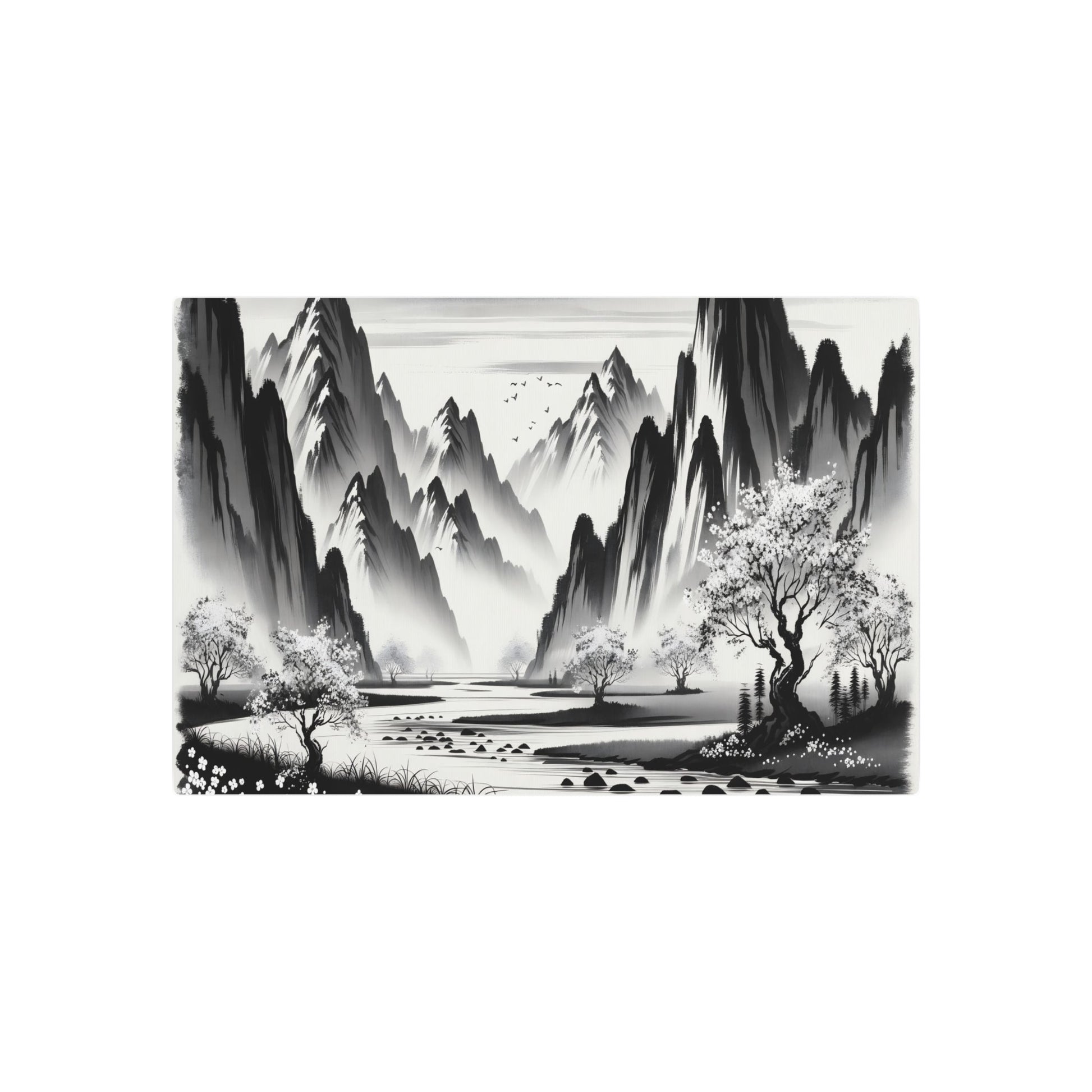 Metal Poster Art | "Sumi - e Japanese Ink Wash Artwork - Serene Landscape with Majestic Mountains, Flowing River & Cherry Blossom Trees | Traditional Asian Art - Metal Poster Art 30″ x 20″ (Horizontal) 0.12''