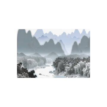 Metal Poster Art | "Traditional Chinese Landscape Painting with Mountains, Rivers, Trees & Small Boat - Asian Art Styles Collection" - Metal Poster Art 30″ x 20″ (Horizontal) 0.12''