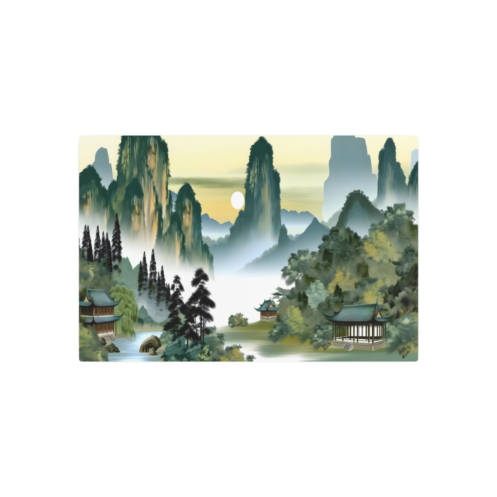 Metal Poster Art | "Traditional Chinese Landscape Artwork - Misty Mountain, Serene River & Ancient Pavilion Sunset Scene - Asian Art Styles, Chinese Landscape Sub-category" - Metal Poster Art 30″ x 20″ (Horizontal) 0.12''