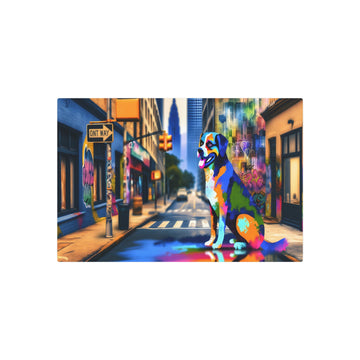 Metal Poster Art | "Modern Street Art - Vibrant Dog Centerpiece in Dynamic Cityscape, Contemporary Urban Style Wall Art" - Metal Poster Art 30″ x 20″ (Horizontal) 0.12''