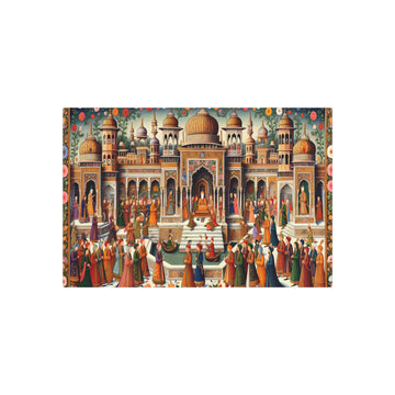 Metal Poster Art | "Historical Mughal Court Life Scene - Vibrant South Asian Mughal Miniature Art with Intricate Designs and Floral Patterns" - Metal Poster Art 30″ x 20″ (Horizontal) 0.12''