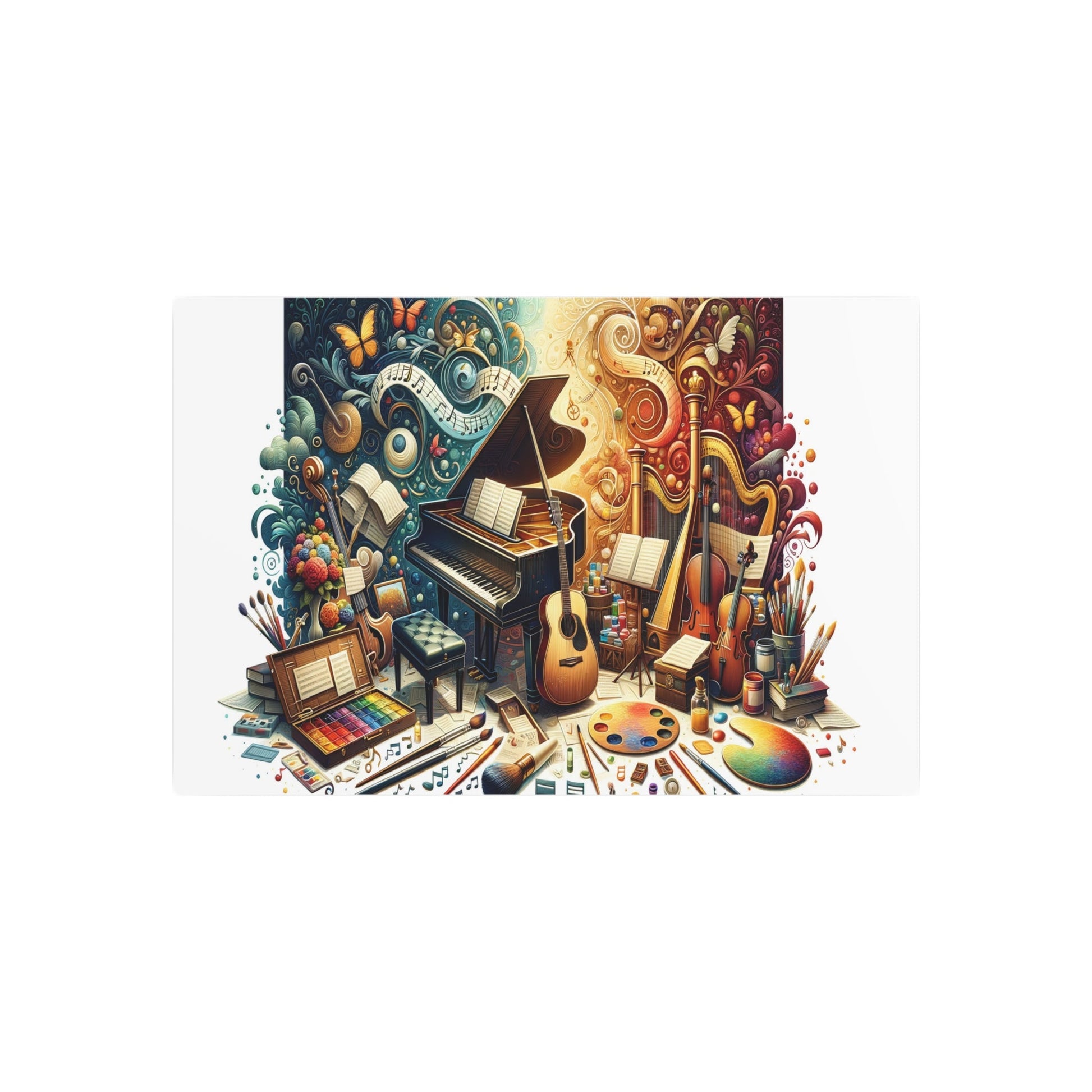 Metal Poster Art | "Passionate Symphony: Realistic Western Art Depicting Vibrant Music and Art Scene with Piano, Guitar, Violin and Paint Tools" - Metal Poster Art 30″ x 20″ (Horizontal) 0.12''