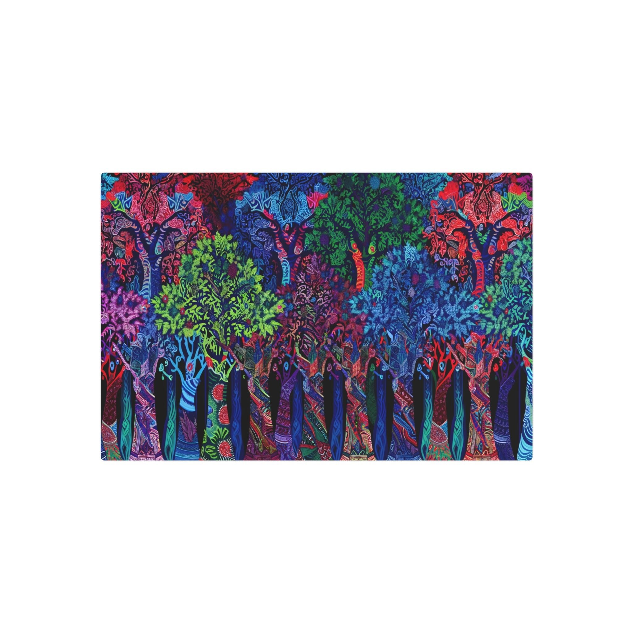Metal Poster Art | "Indonesian Batik Art: Vibrant and Intricate Forest Scene with Detailed Patterned Trees - Authentic Non-Western Global Style Artwork" - Metal Poster Art 30″ x 20″ (Horizontal) 0.12''