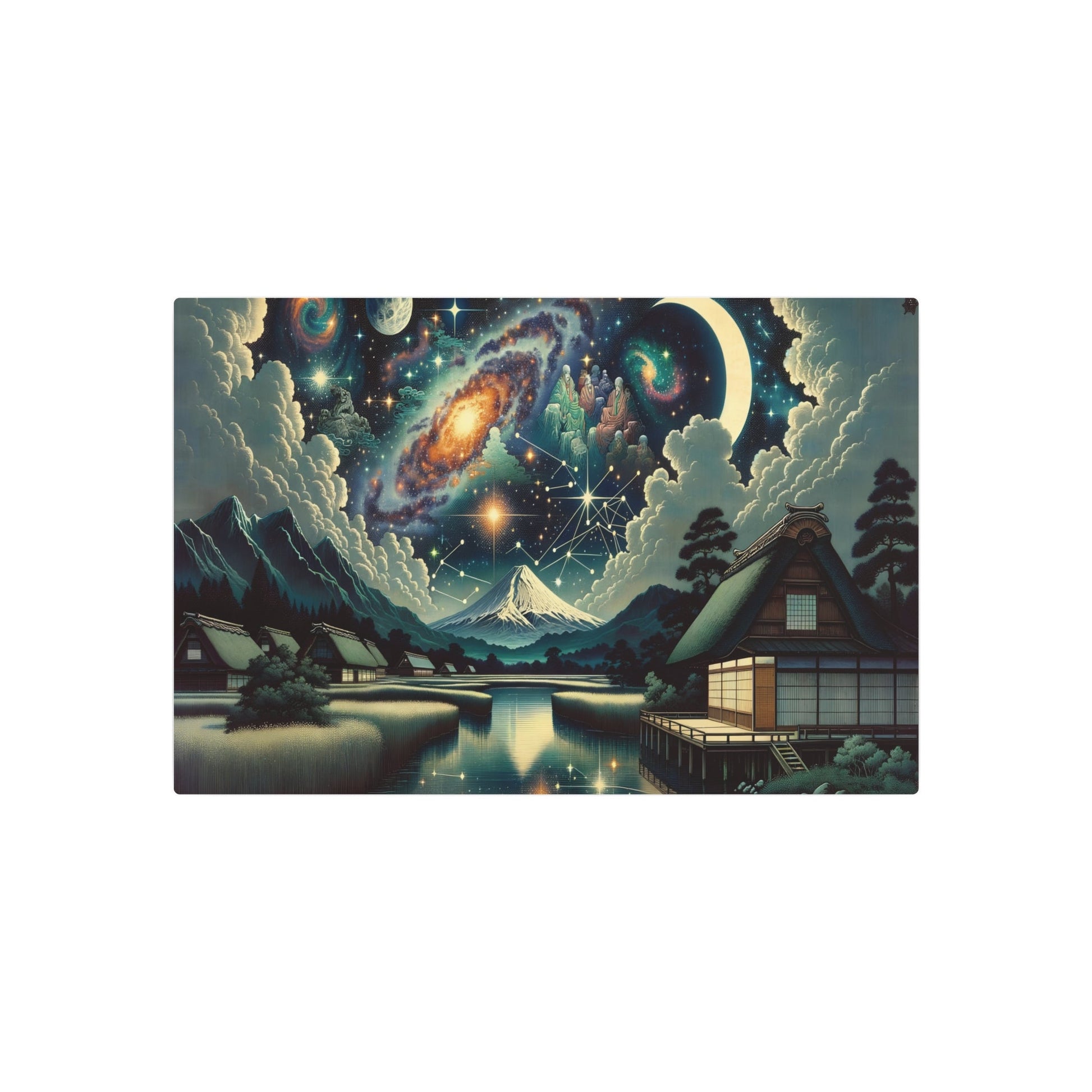 Metal Poster Art | "Ukiyo - e Style Asian Art - Traditional Japanese Countryside Night Sky with Celestial Bodies, Constellations and Crescent Moon" - Metal Poster Art 30″ x 20″ (Horizontal) 0.12''