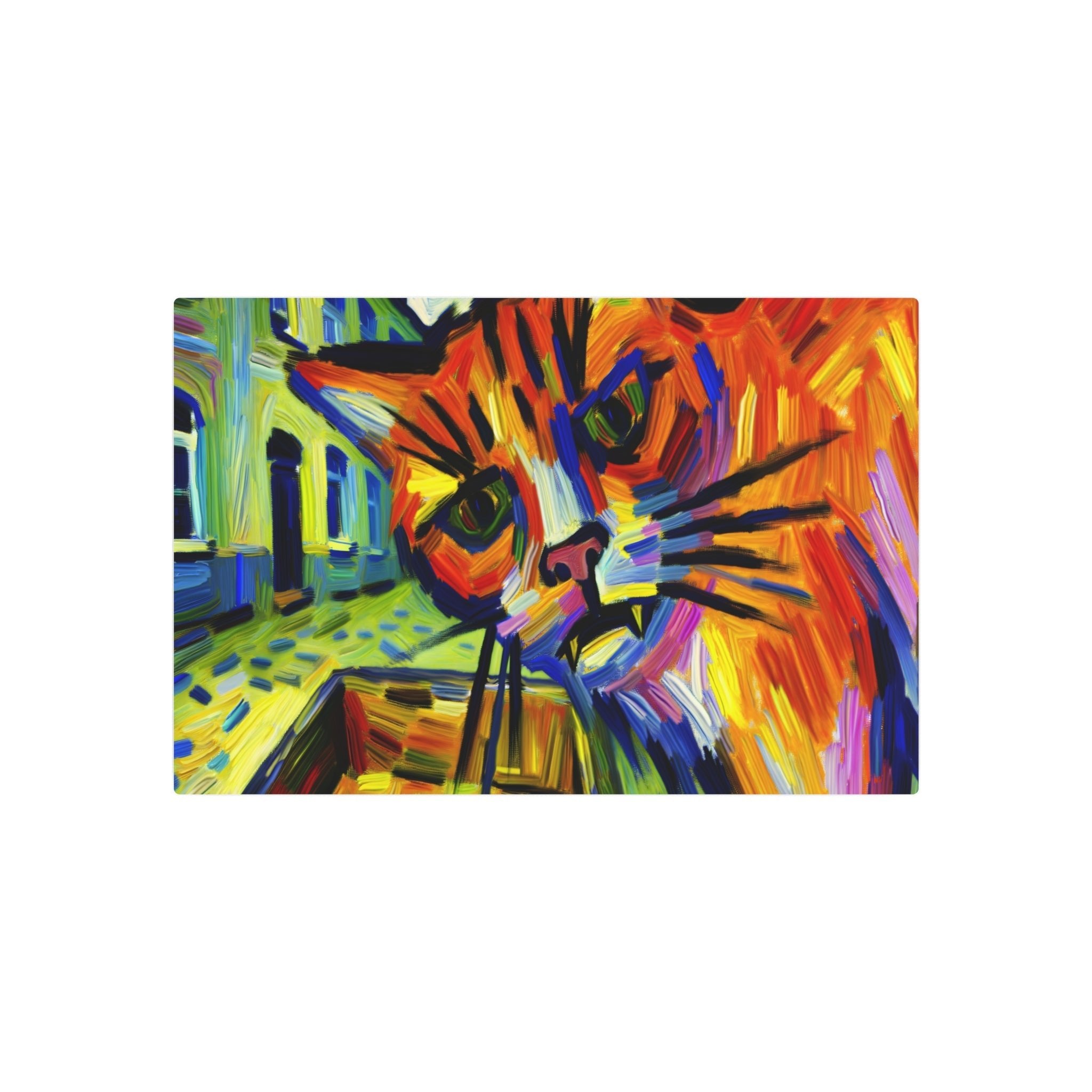 Metal Poster Art | "Expressionist Style Vividly Colored Cat Portrait in Urban Setting - Dramatic Western Art Expressionism" - Metal Poster Art 30″ x 20″ (Horizontal) 0.12''