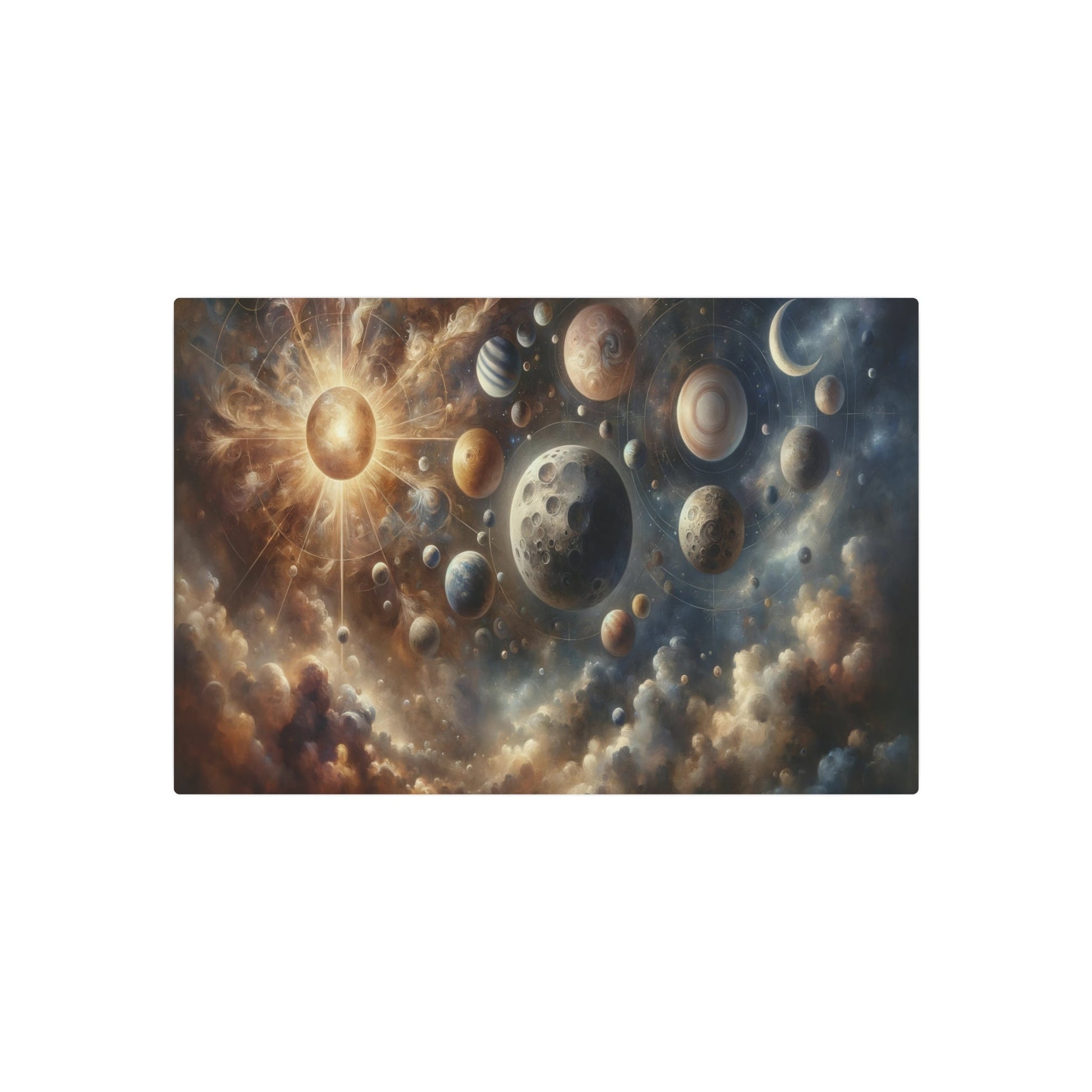 Metal Poster Art | "Renaissance Style Western Artwork - Celestial Bodies Portrayal Featuring Moon, Sun, Stars, and Planets" - Metal Poster Art 30″ x 20″ (Horizontal) 0.12''