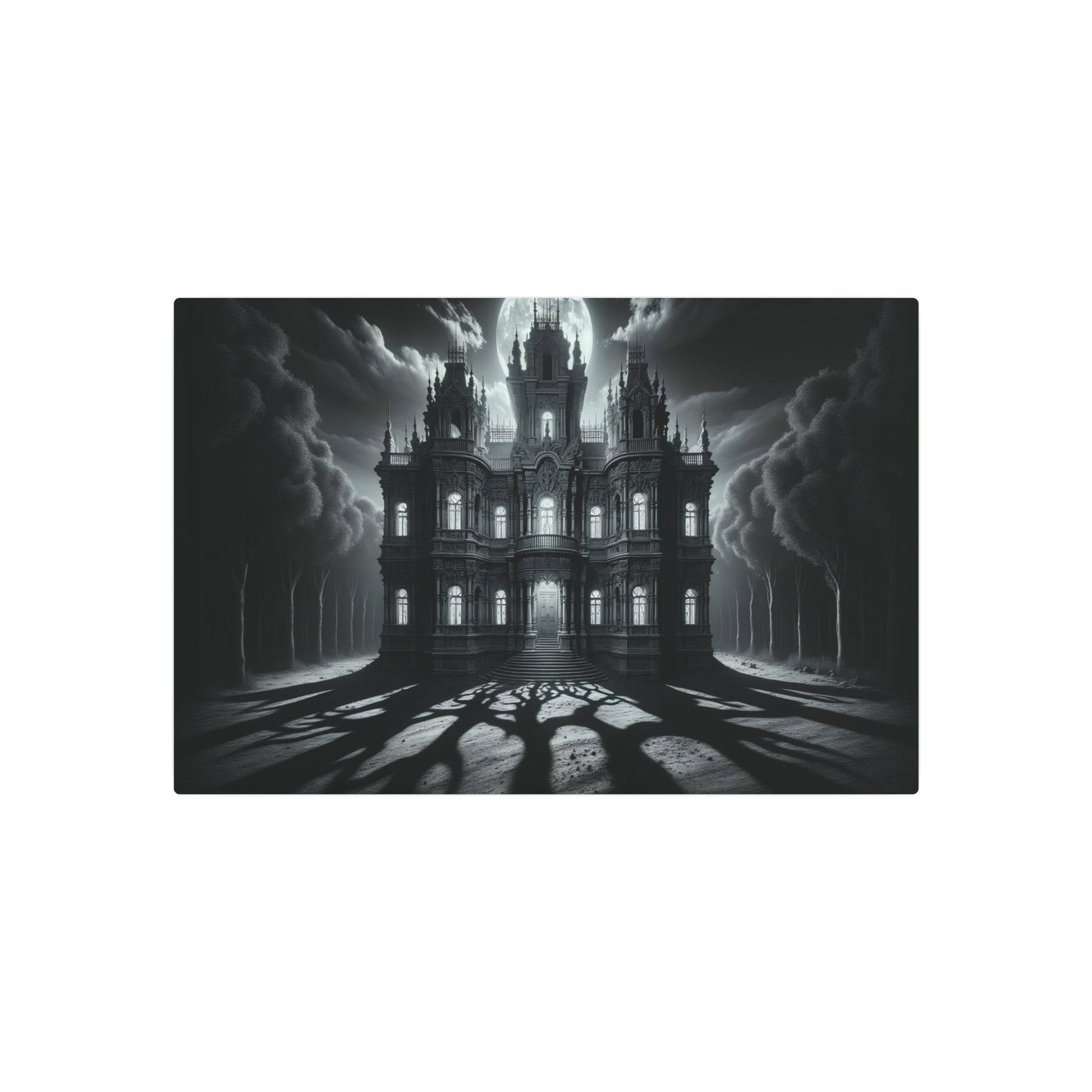 Metal Poster Art | "Baroque Style Spooky Haunted Mansion Art Print - Dramatic Western Art Depicting Full Moon Illuminated Woodlands" - Metal Poster Art 30″ x 20″ (Horizontal) 0.12''