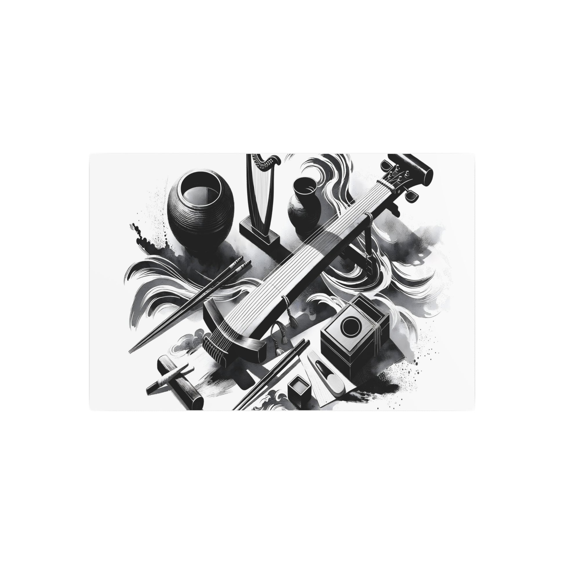 Metal Poster Art | "Sumi - e Asian Art Styles: Japanese Ink Wash Painting of Music & Art featuring Traditional Instruments Shamisen, Koto, Shakuhachi and Call - Metal Poster Art 30″ x 20″ (Horizontal) 0.12''