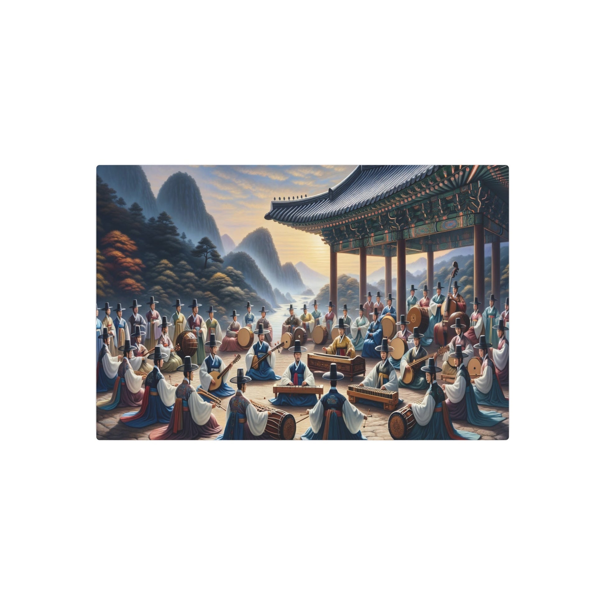 Metal Poster Art | "Traditional Korean Music Performance Art Piece - Joseon Dynasty Style Painting Featuring Gayageum, Geomungo, and Piri Instruments with Authentic Han - Metal Poster Art 30″ x 20″ (Horizontal) 0.12''