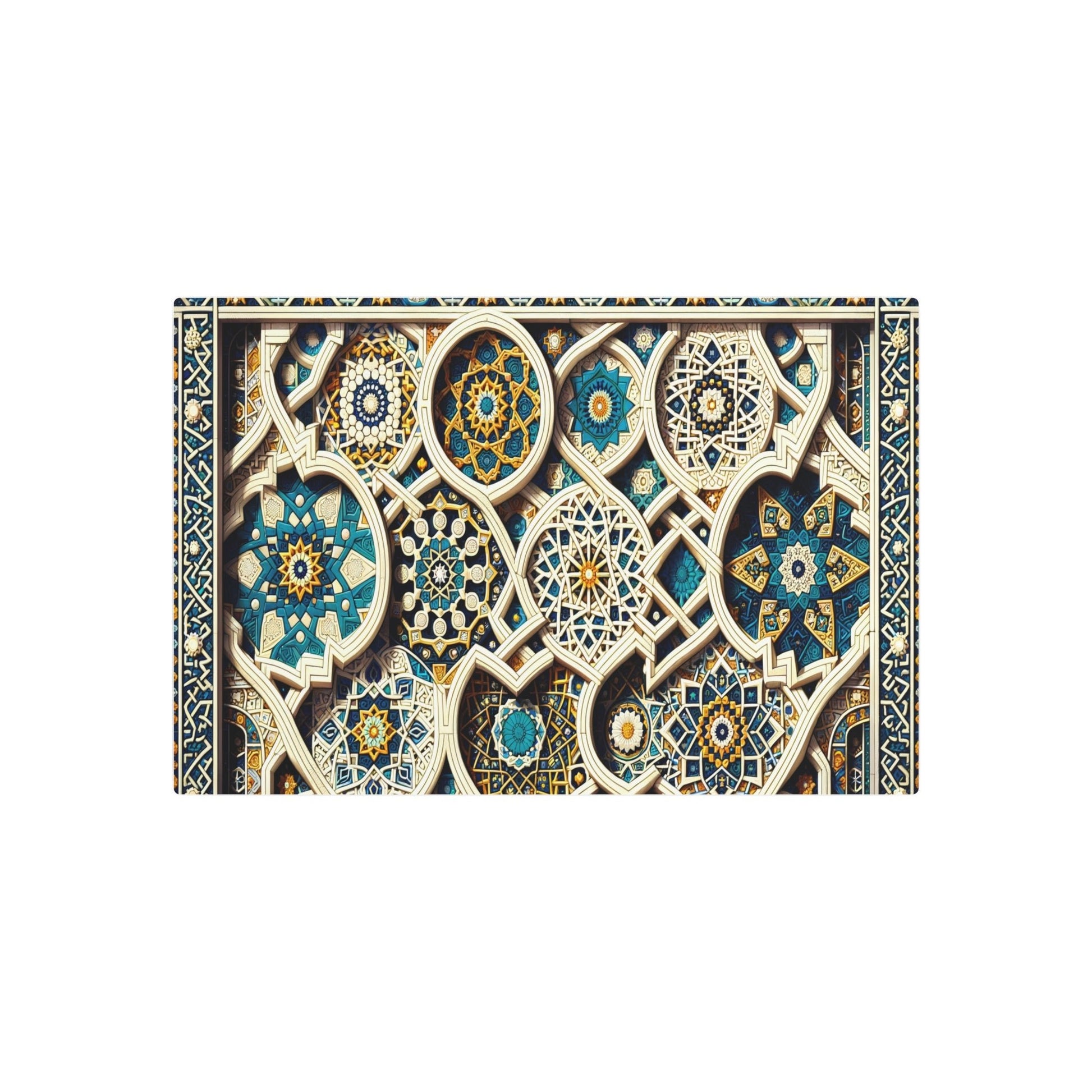 Metal Poster Art | "Islamic Geometric Patterns Wall Art in Traditional Bright Blues, Whites, and Golds - Exquisite Non - Western & Global Styles Decor Featuring Stars - Metal Poster Art 30″ x 20″ (Horizontal) 0.12''