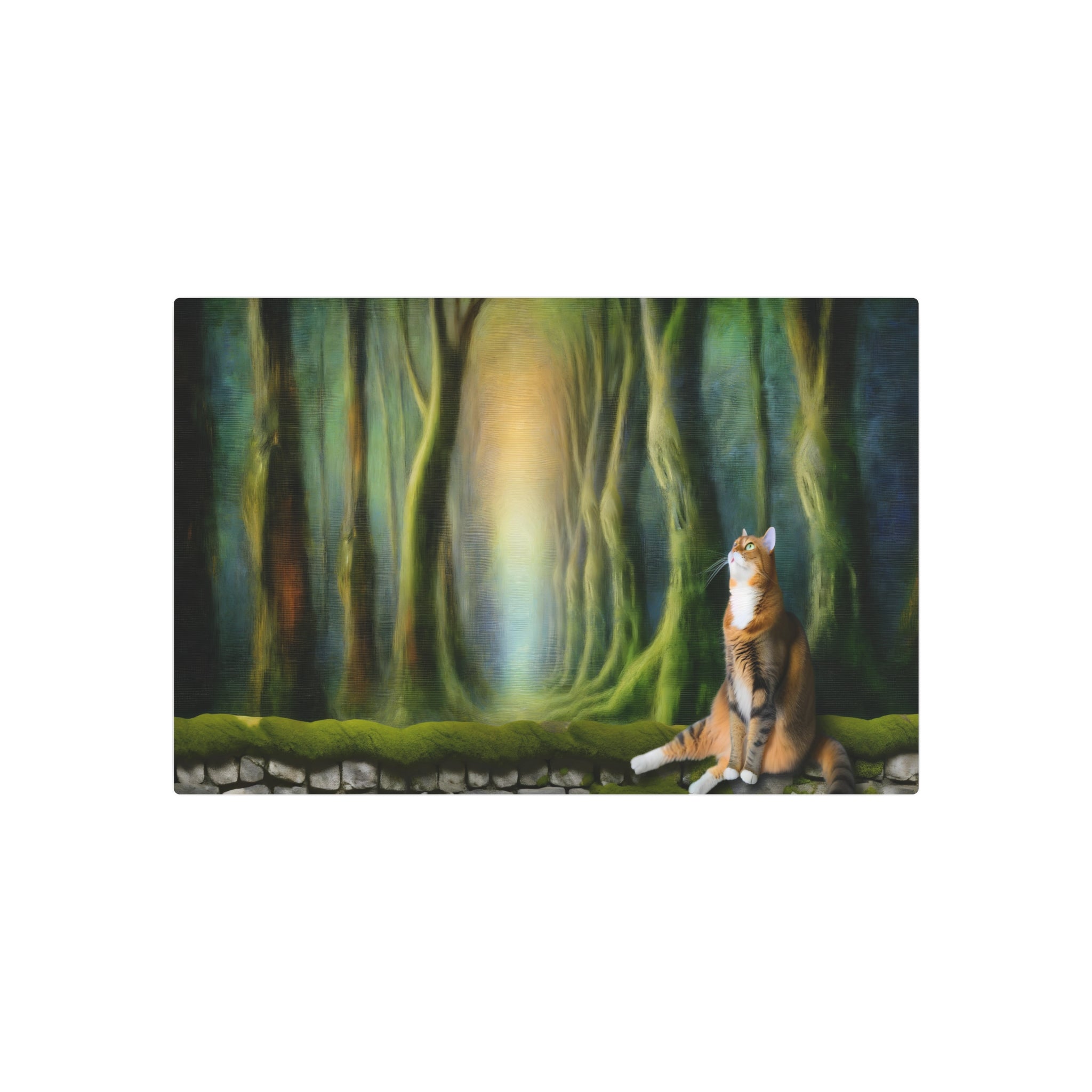 Metal Poster Art | "Enchanting Romanticism Art Painting - Majestic Cat on Ancient Stone Wall Amid Ethereal Forest Glow - Dramatic Emotion in Western Art Styles - Metal Poster Art 30″ x 20″ (Horizontal) 0.12''