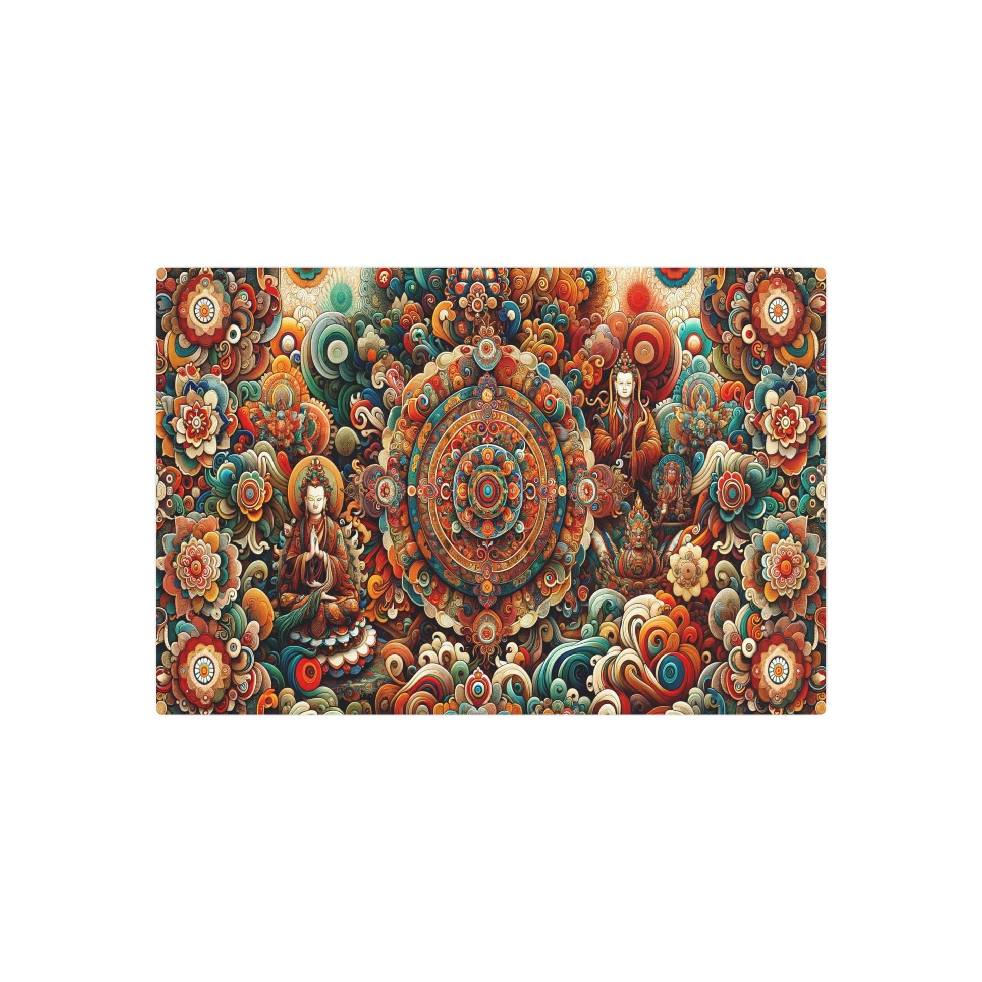 Metal Poster Art | "Vivid Thangka Painting - Inspired Artwork with Traditional Tibetan Elements - Unique Asian Art Style in Rich Colors Featuring Buddhist Deities, Mandal - Metal Poster Art 30″ x 20″ (Horizontal) 0.12''