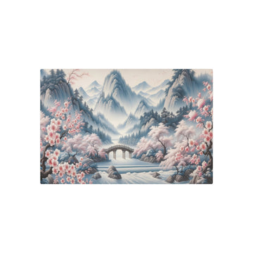 Metal Poster Art | "Traditional Chinese Silk Painting of Cherry Blossom Trees and Mountain Range - Asian Art Styles, Calming & Tranquil Chinese Silk Painting" - Metal Poster Art 30″ x 20″ (Horizontal) 0.12''