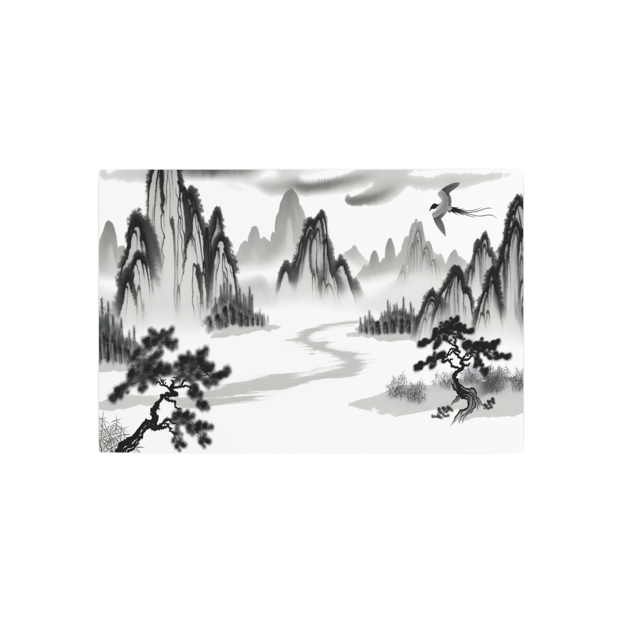 Metal Poster Art | "Traditional Chinese Landscape Artwork - Ink Wash Painting of Scenic Mountains, Serene Trees, Winding River and Bird in Flight - Asian Art Styles - Metal Poster Art 30″ x 20″ (Horizontal) 0.12''
