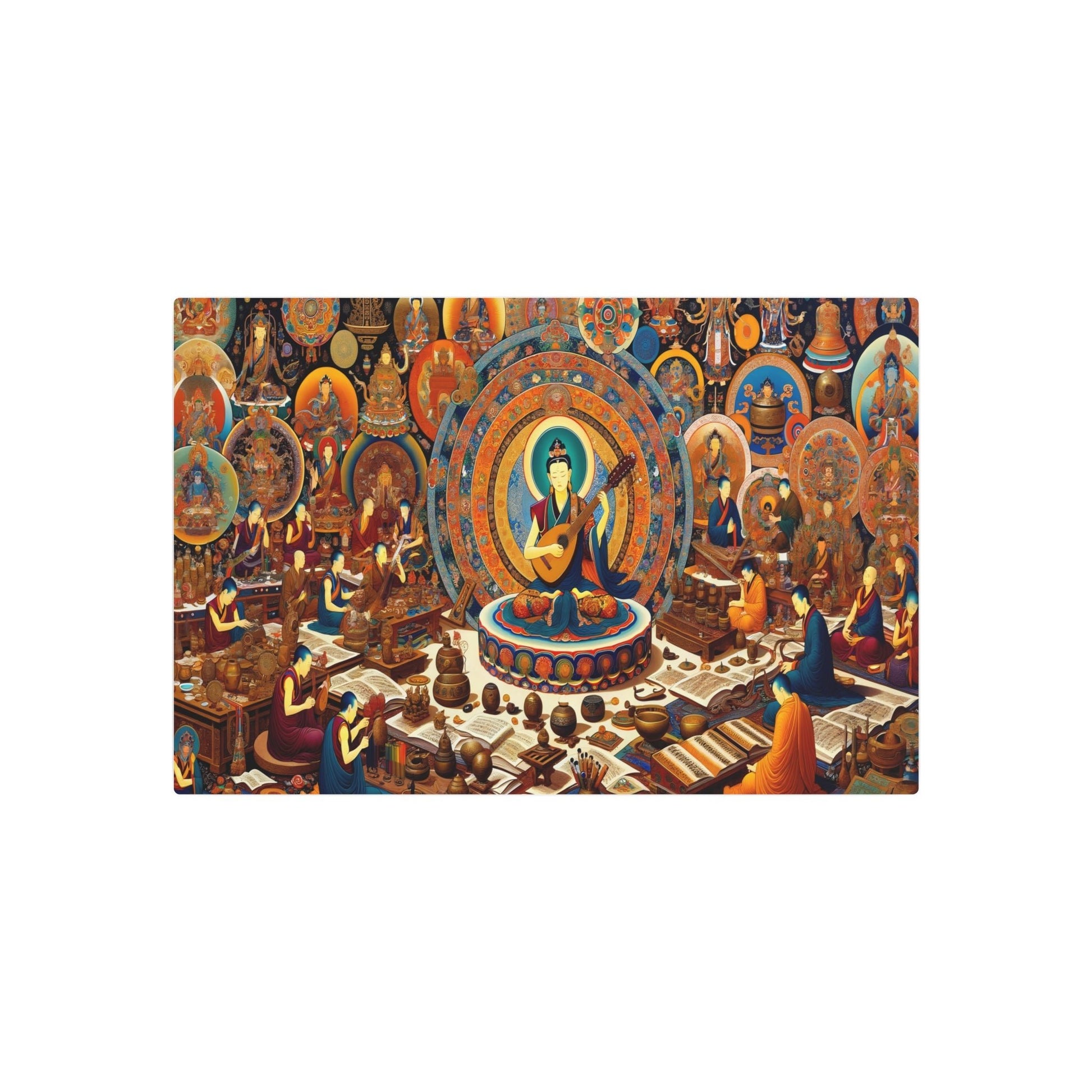 Metal Poster Art | "Thangka - Style Tibetan Art Painting: Musical Theme with Dramnyen Player and Traditional Instruments Encircled by Monks in Artistic Purs - Metal Poster Art 30″ x 20″ (Horizontal) 0.12''