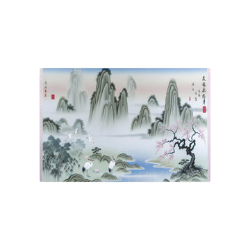 Metal Poster Art | "Traditional Chinese Silk Painting of Serene Landscape with White Cranes, Cherry Blossom Tree & Misty Mountains - Asian Art Styles" - Metal Poster Art 30″ x 20″ (Horizontal) 0.12''