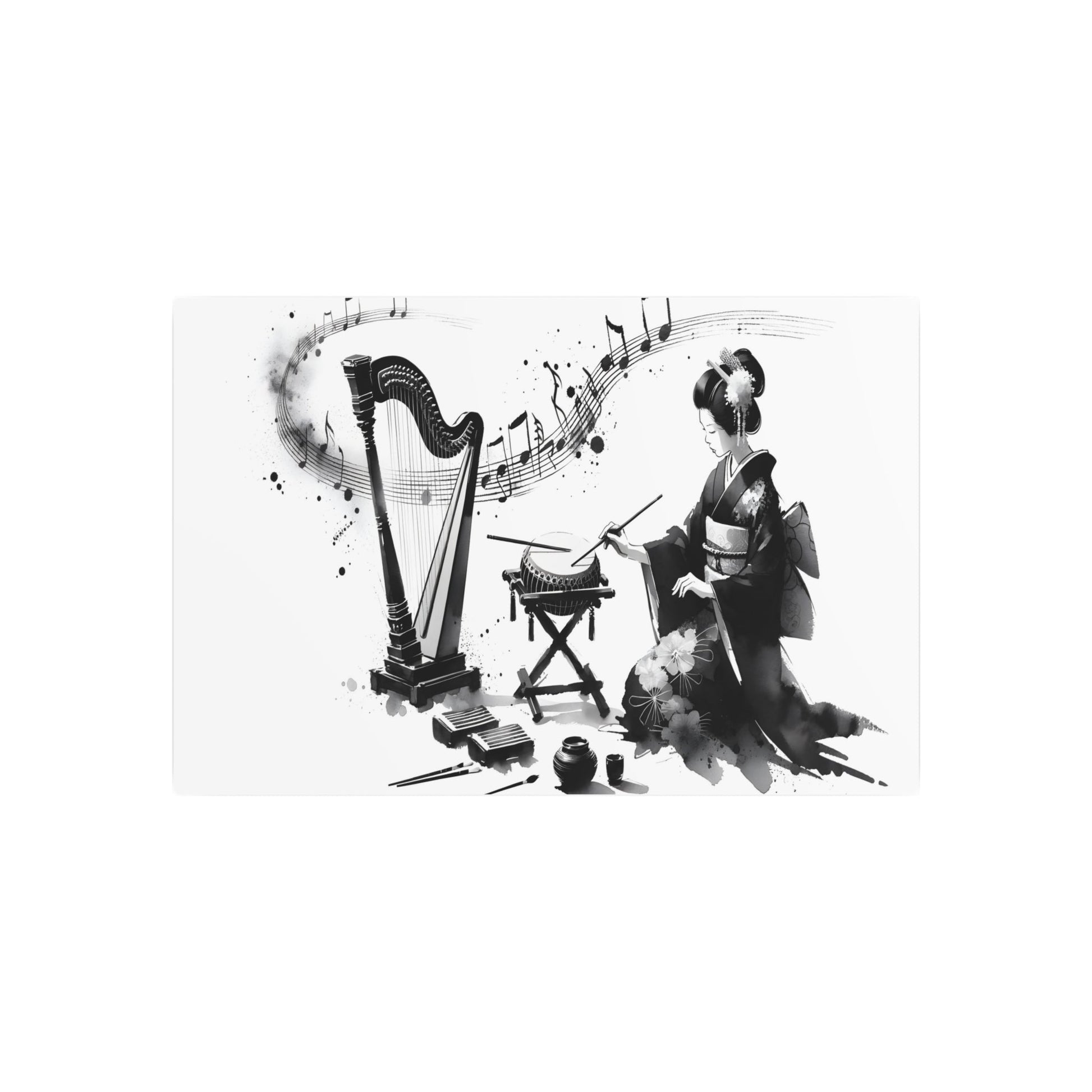 Metal Poster Art | "Artistic Fusion of Music & Art: Sumi - e Style Japanese Ink Wash Painting featuring Traditional Instruments and Brush Strokes - Elegance and Depth - Metal Poster Art 30″ x 20″ (Horizontal) 0.12''