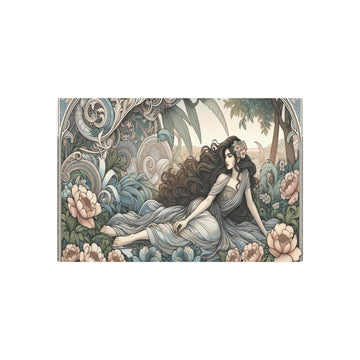 Metal Poster Art | "Art Nouveau Western Art Styles - Elegant Woman in Nature with Detailed Floral Motifs and Flowing Dress" - Metal Poster Art 30″ x 20″ (Horizontal) 0.12''