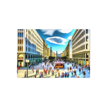 Metal Poster Art | "Realistic Western Art - Vibrant City Street Scene on a Sunny Afternoon, Blend of Modern and Classical Architecture - Realism Painting" - Metal Poster Art 30″ x 20″ (Horizontal) 0.12''