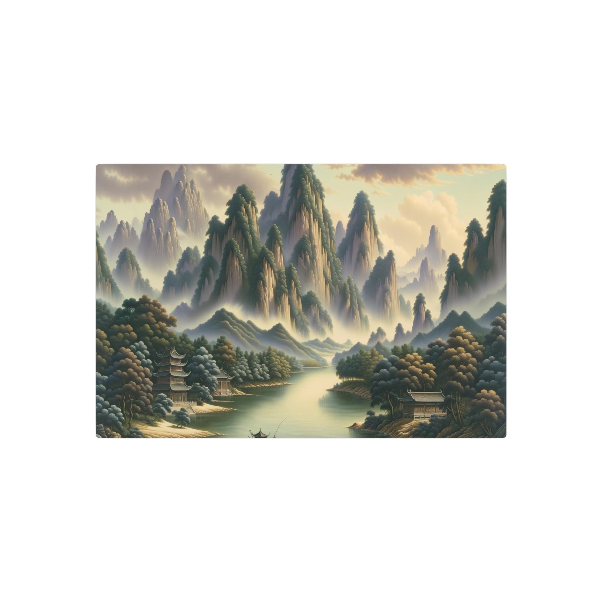 Metal Poster Art | "Traditional Chinese Landscape Art - Asian Art Styles Collection: Majestic Mountains, Serene Rivers, Ancient Temples Painting" - Metal Poster Art 30″ x 20″ (Horizontal) 0.12''