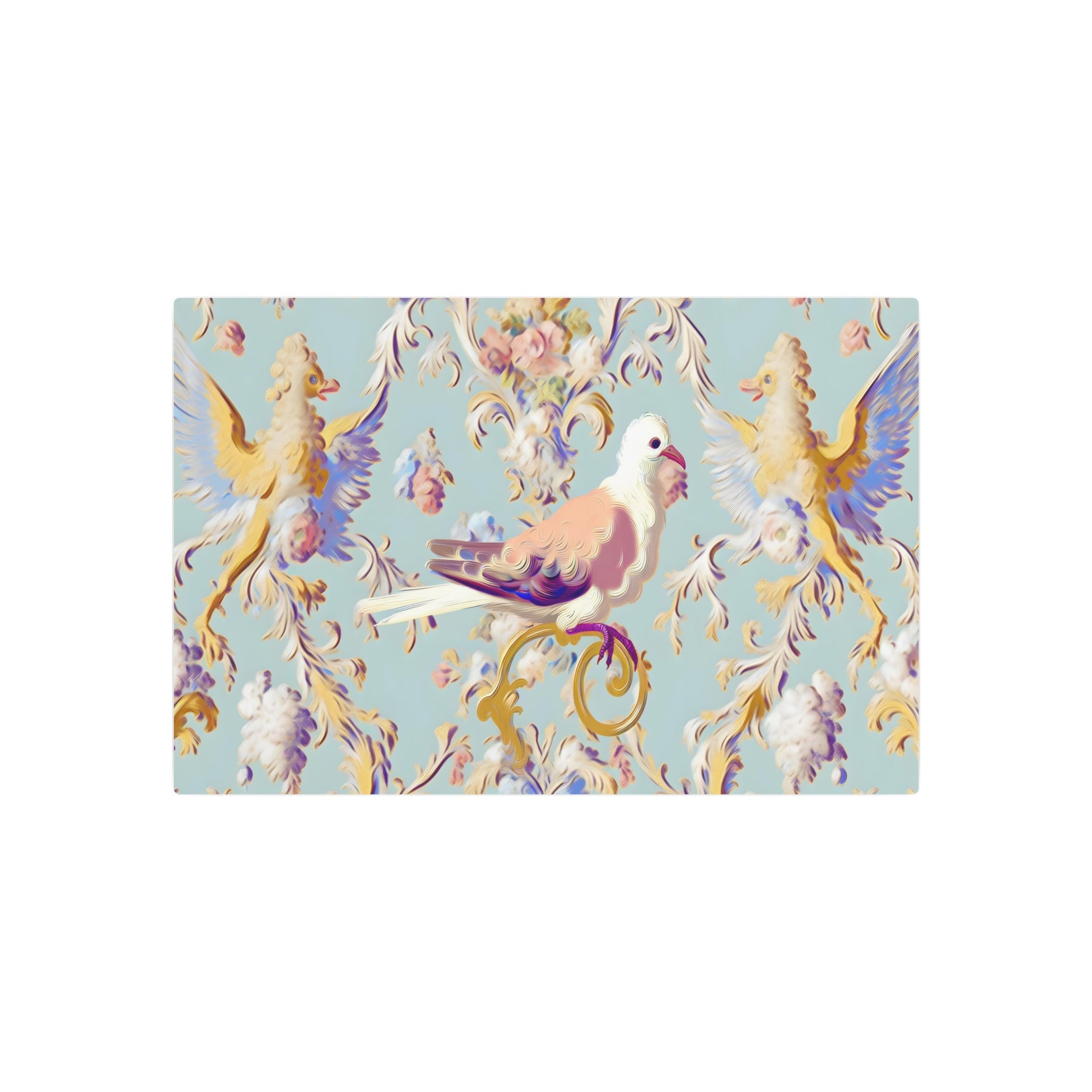Metal Poster Art | "Pastel Rococo Style Western Art Painting - Intricate Opulent Bird Scene with Playful Ornate Detailing" - Metal Poster Art 30″ x 20″ (Horizontal) 0.12''