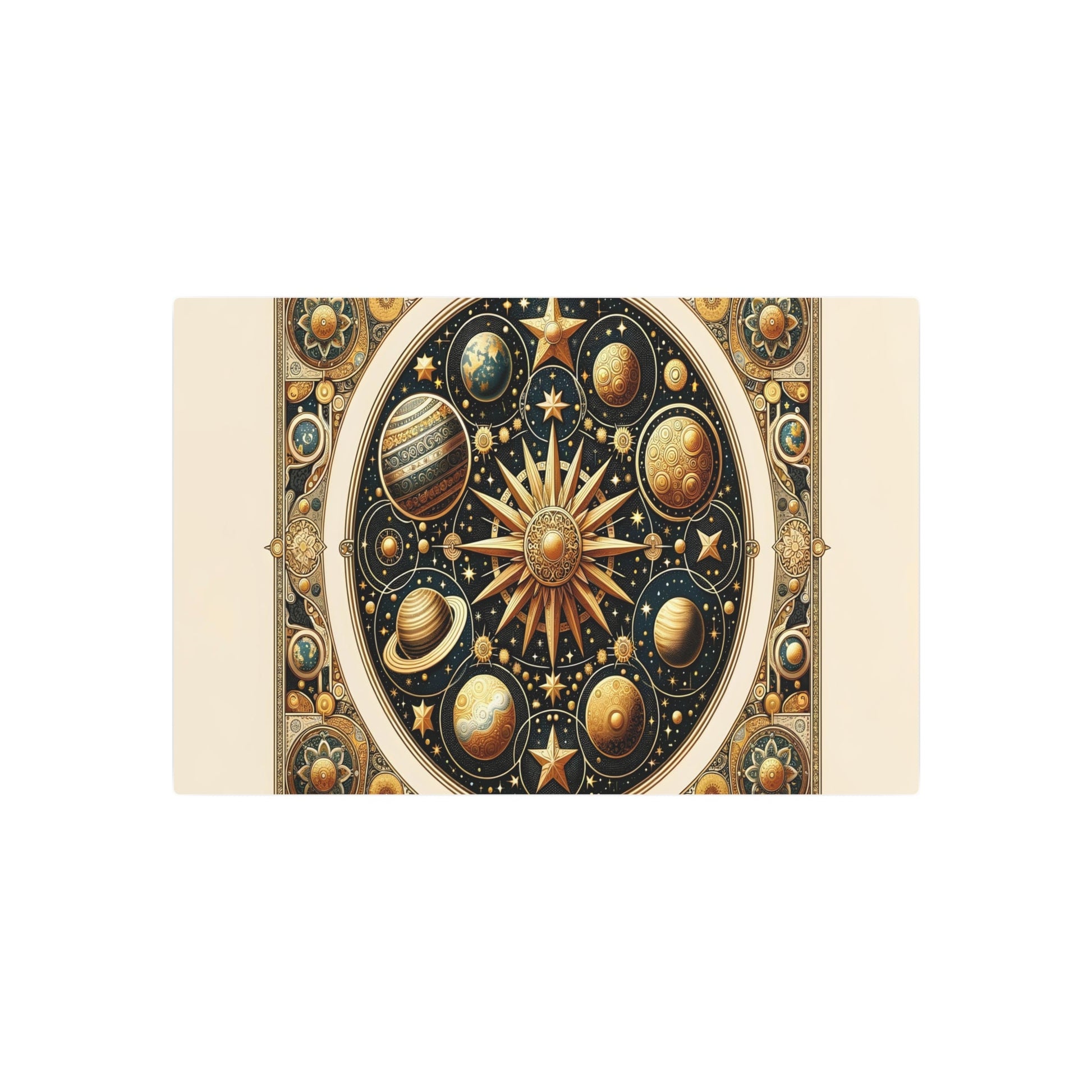 Metal Poster Art | "Byzantine - Style Celestial Body Art Piece with Gold Stars and Intricate Planetary Details - Non - Western & Global Art Styles" - Metal Poster Art 30″ x 20″ (Horizontal) 0.12''